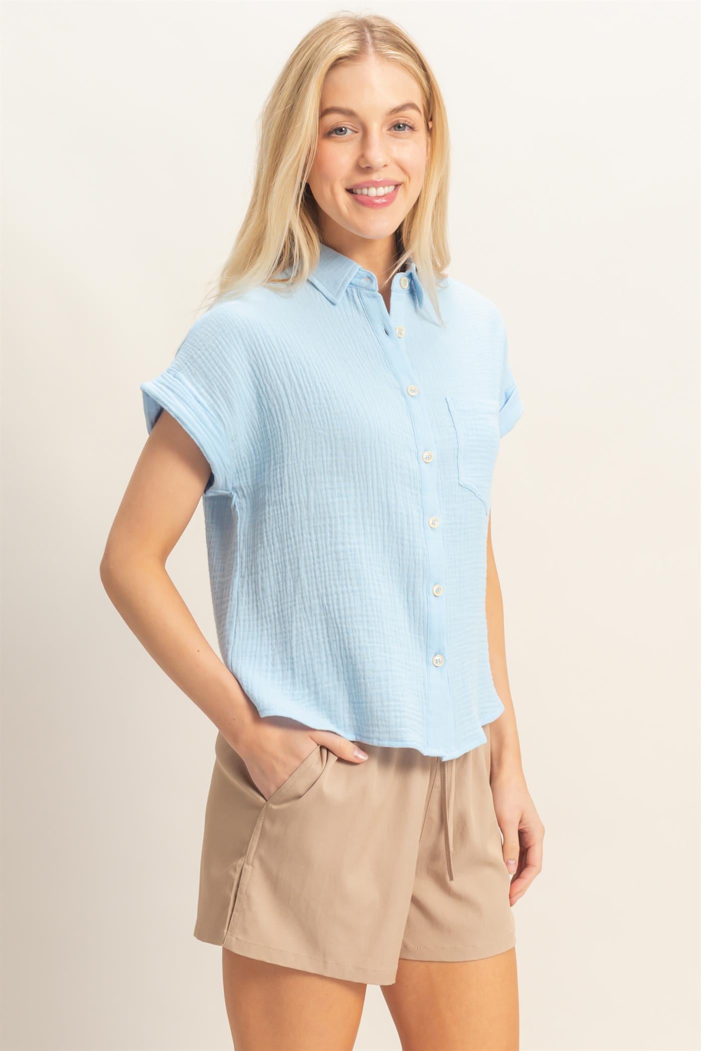 Wholesale Rolled Sleeve Button-Up Top Clothing Tops HF26E526 BLUE HYFVE