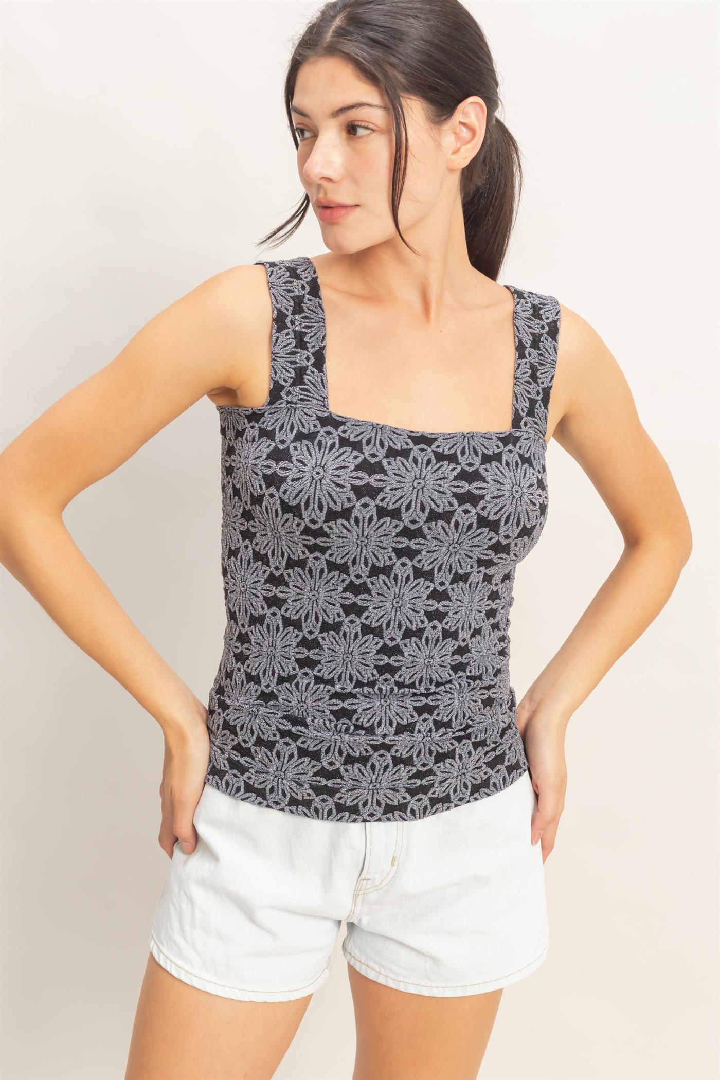 Wholesale Floral Jacquard Square Neck Top Tank Tops HF26E337 BLACK HYFVE