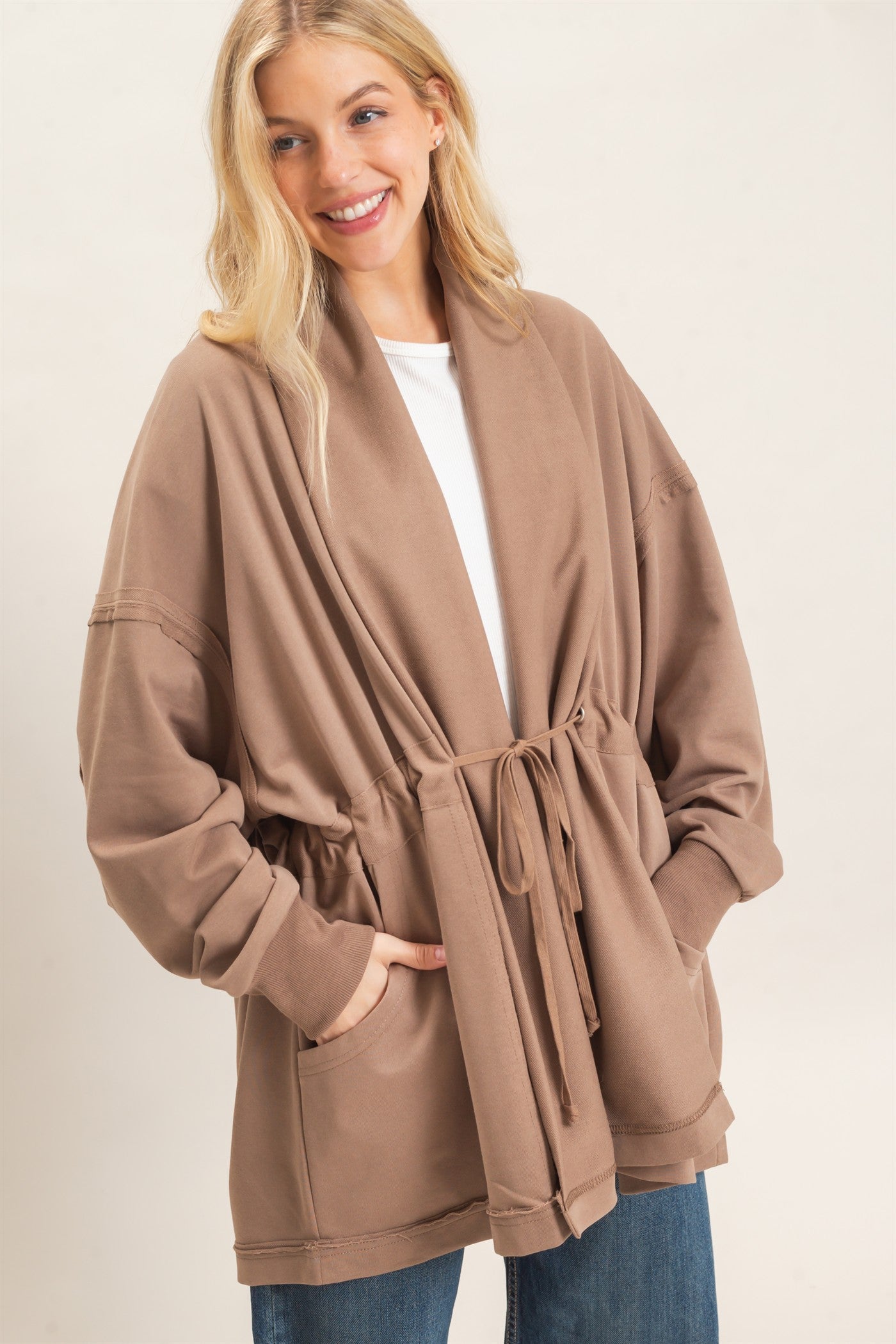 Wholesale Open Front Tie Waist Cardigan Cardigans HF26C778 MOCHA HYFVE