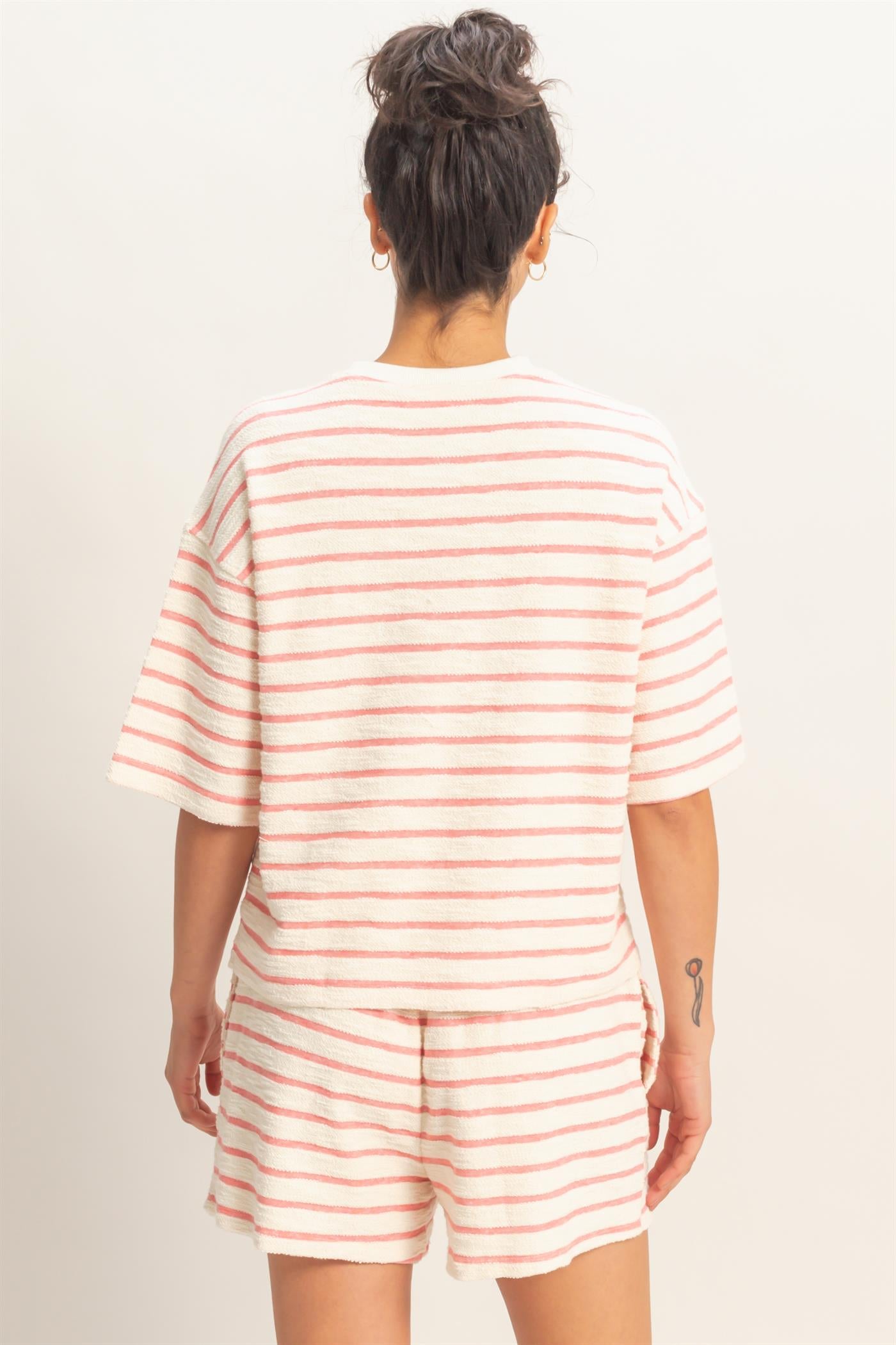 Wholesale Striped Short Sleeve Terry Crew Neck Top Clothing Tops DZ26A887 RED DOUBLE ZERO