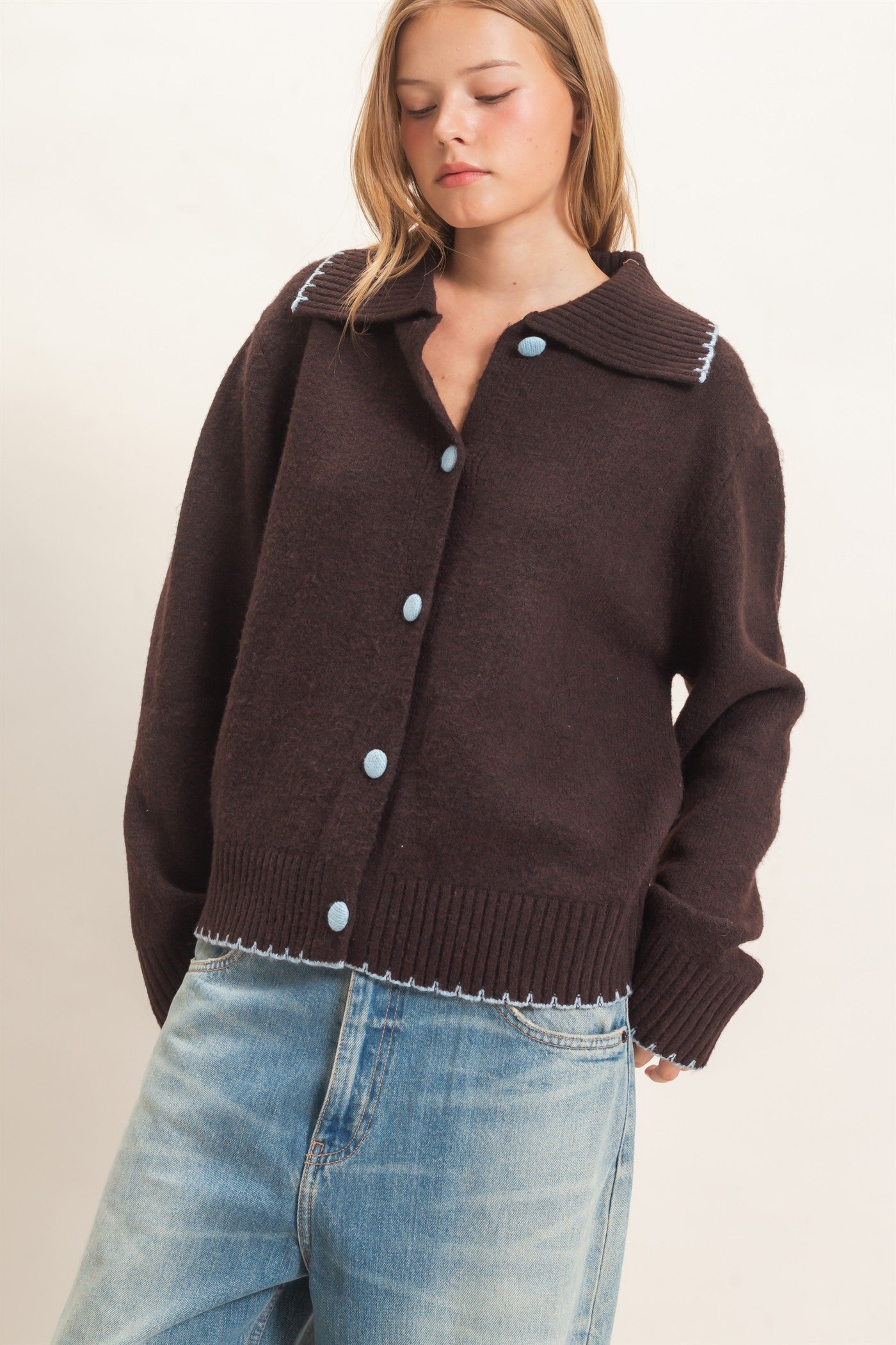 Wholesale Blanket Stitch Collared Cardigan Cardigans HF26F356 CHOCOLATE HYFVE