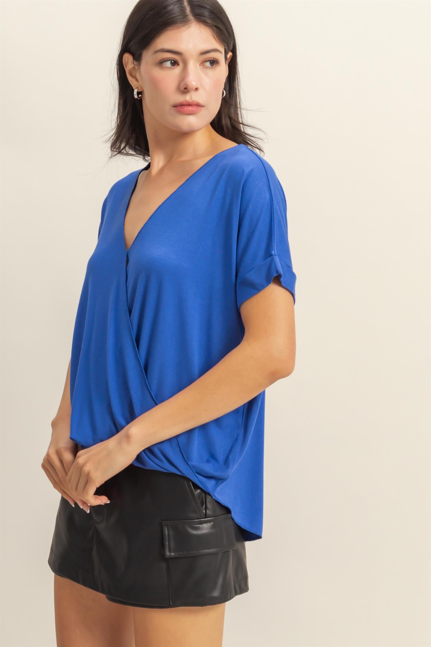 Wholesale Short Sleeve Surplice Top Clothing Tops DZ25E289 COBALT DOUBLE ZERO