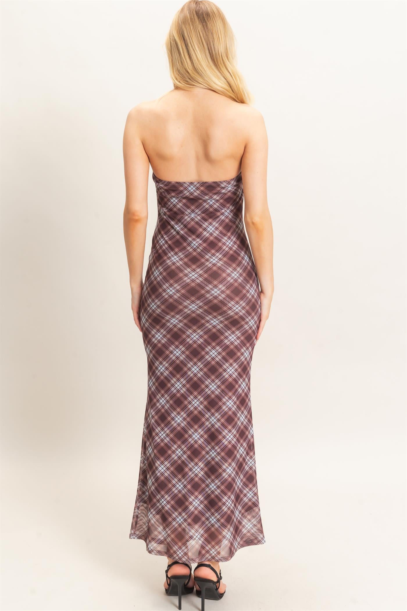 Wholesale Strapless Printed Mesh Maxi Dress Dresses HF26F212 BROWN/PLAID HYFVE