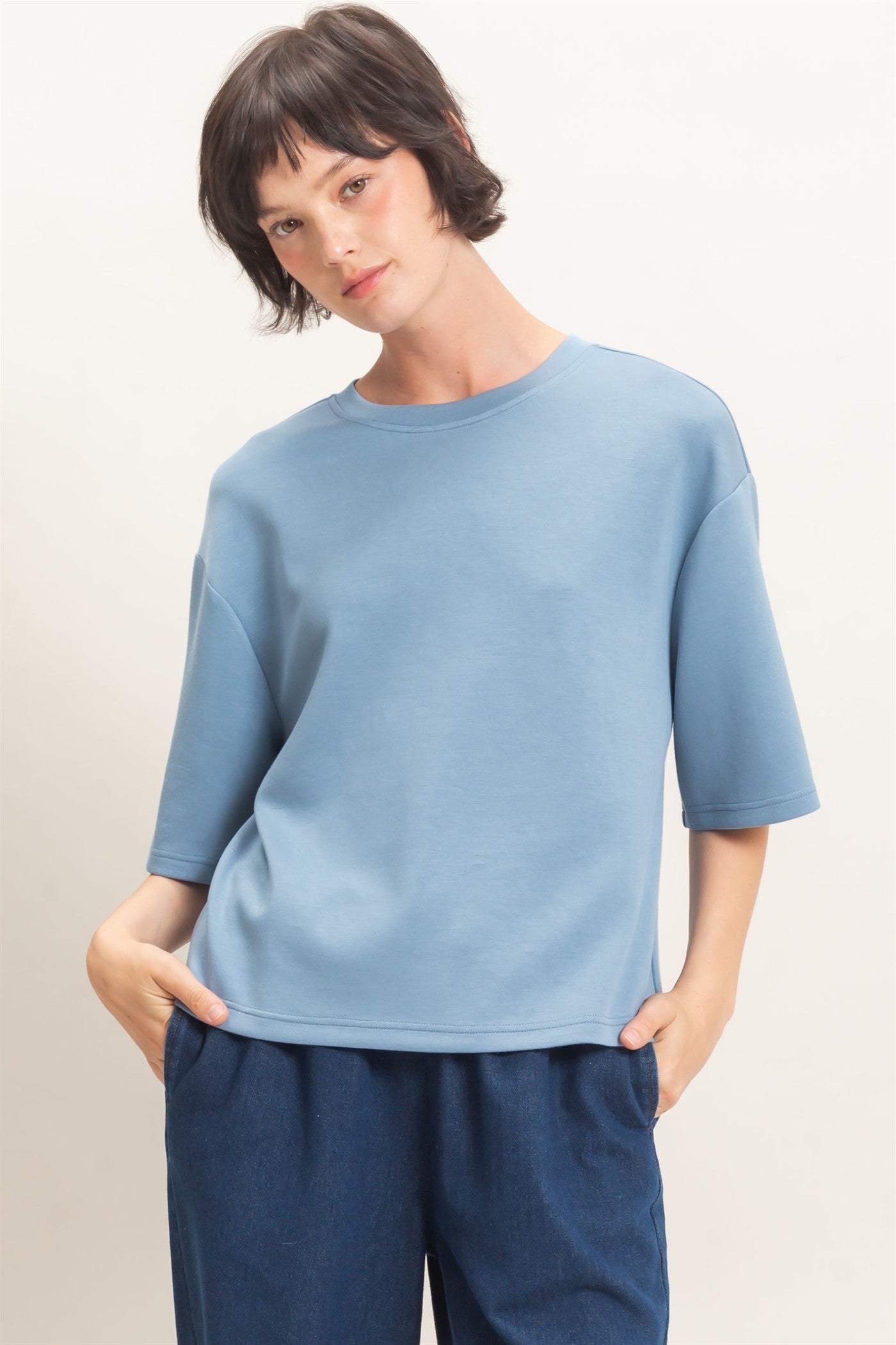 Wholesale Loose Fit Crew Neck Short Sleeve Top Clothing Tops DZ26C965 DUSTY BLUE DOUBLE ZERO