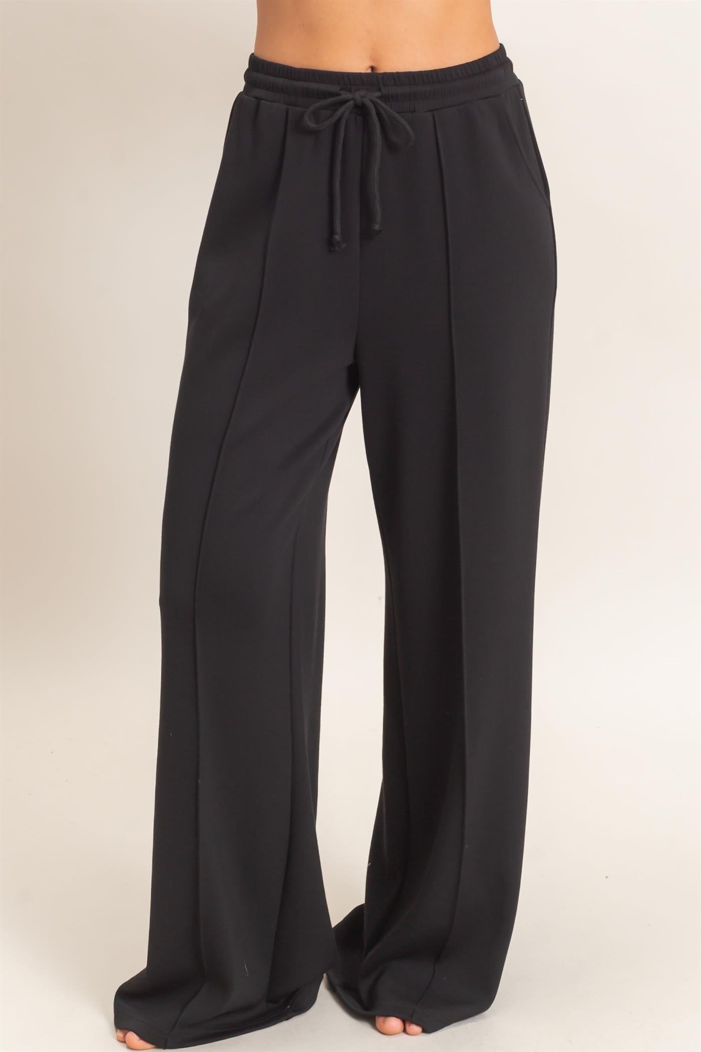 Wholesale Drawstring Waist Pintuck Wide Leg Pants Pants DZ26E384 BLACK HYFVE