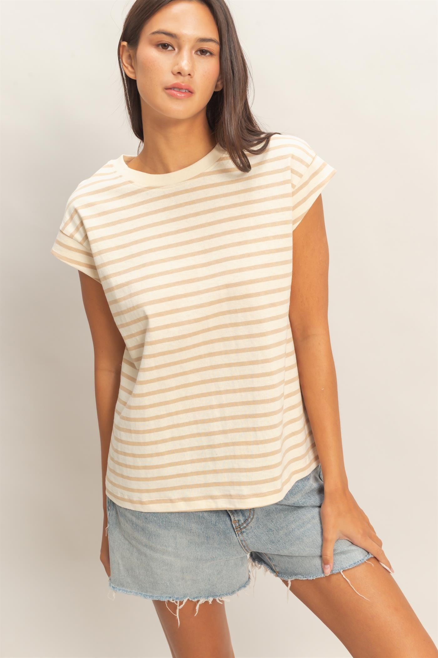 Wholesale Striped Cap Sleeve Relaxed Everyday Tee Clothing Tops DZ26C059 TAUPE DOUBLE ZERO