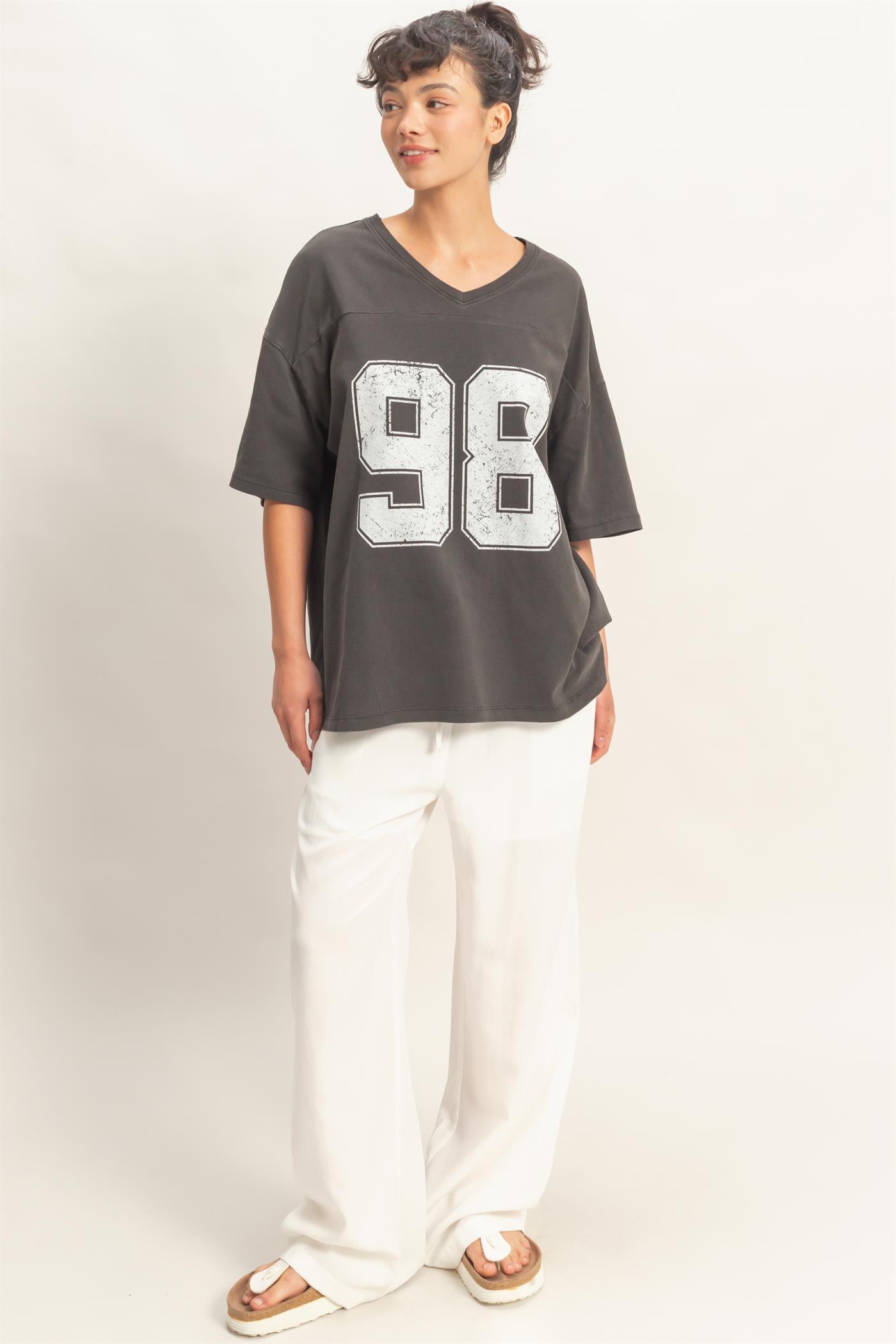 Wholesale Oversized Varsity Style V-Neck Graphic T-Shirt T-Shirts DZ26C200 BLACK DOUBLE ZERO