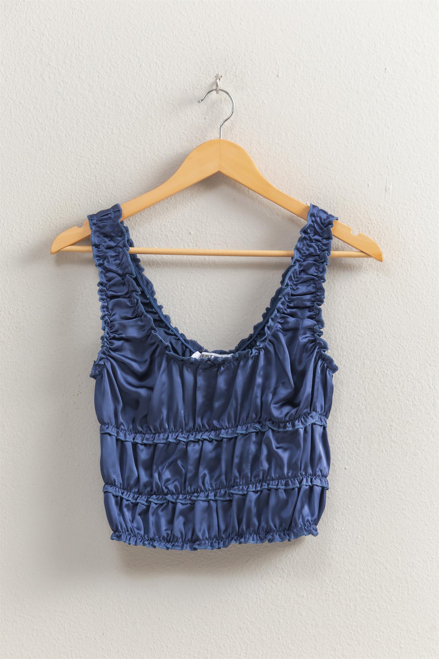 Wholesale Ruched Satin Sleeveless Crop Top Clothing Tops DZ25C172 DUSTY INDIGO DOUBLE ZERO
