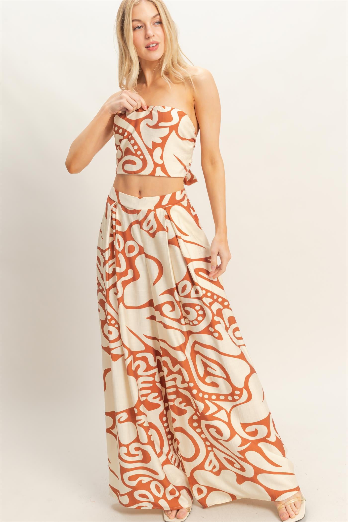 Wholesale Strapless Top & Wide Leg Pants Set Clothing HF26A344-SET-D BROWN HYFVE