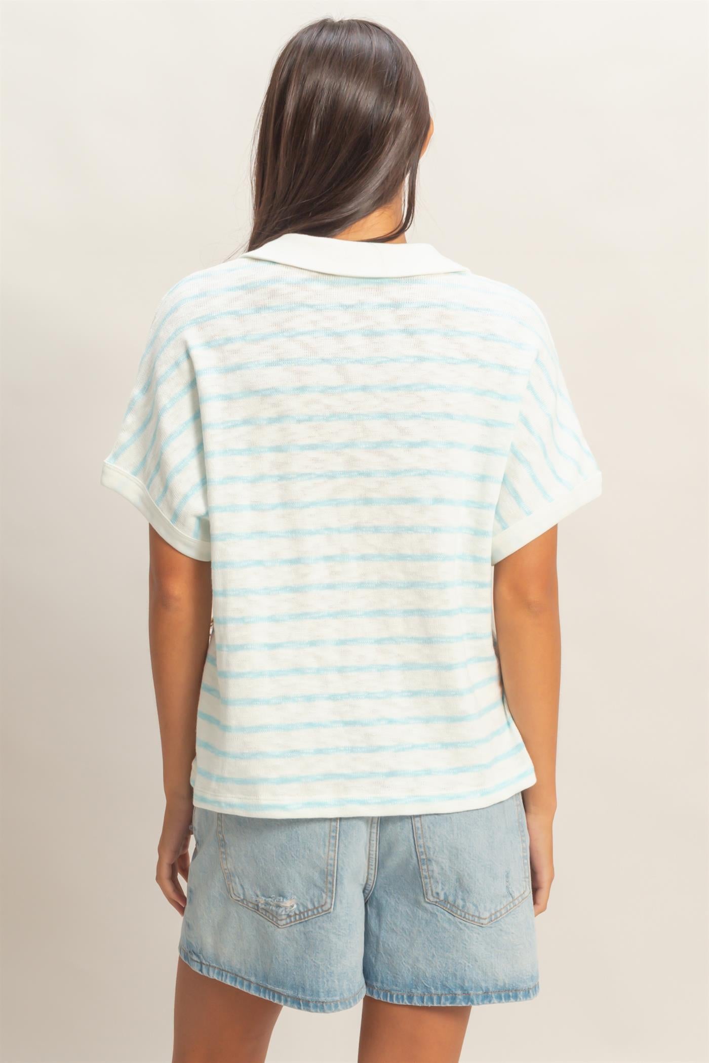 Wholesale Striped Dolman Sleeve V-Neck Collared Top Clothing Tops DZ26A452 BLUE DOUBLE ZERO