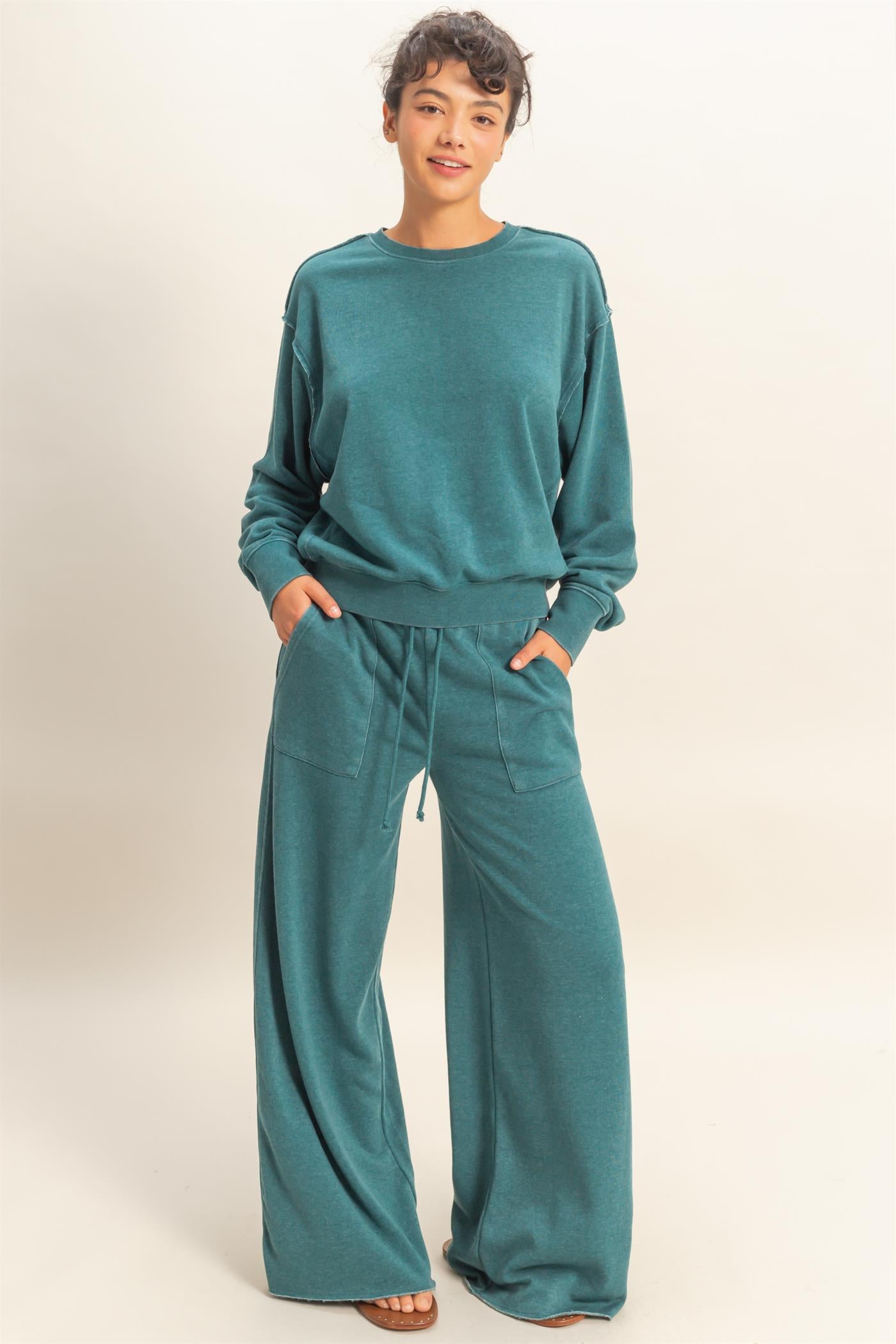 Wholesale Raw Edge Detail Burnout Sweatshirt Sweatshirts DZ26A048 DARK TEAL DOUBLE ZERO