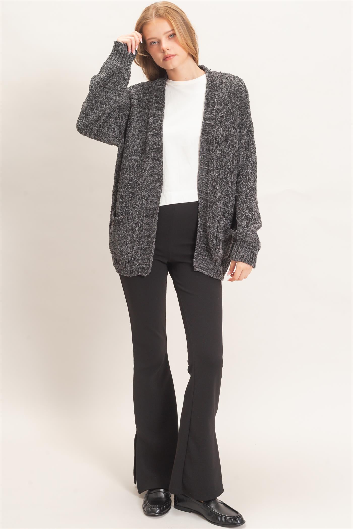 Wholesale Patch Pocket Chenille Cardigan Cardigans HF26E839 CHARCOAL HYFVE