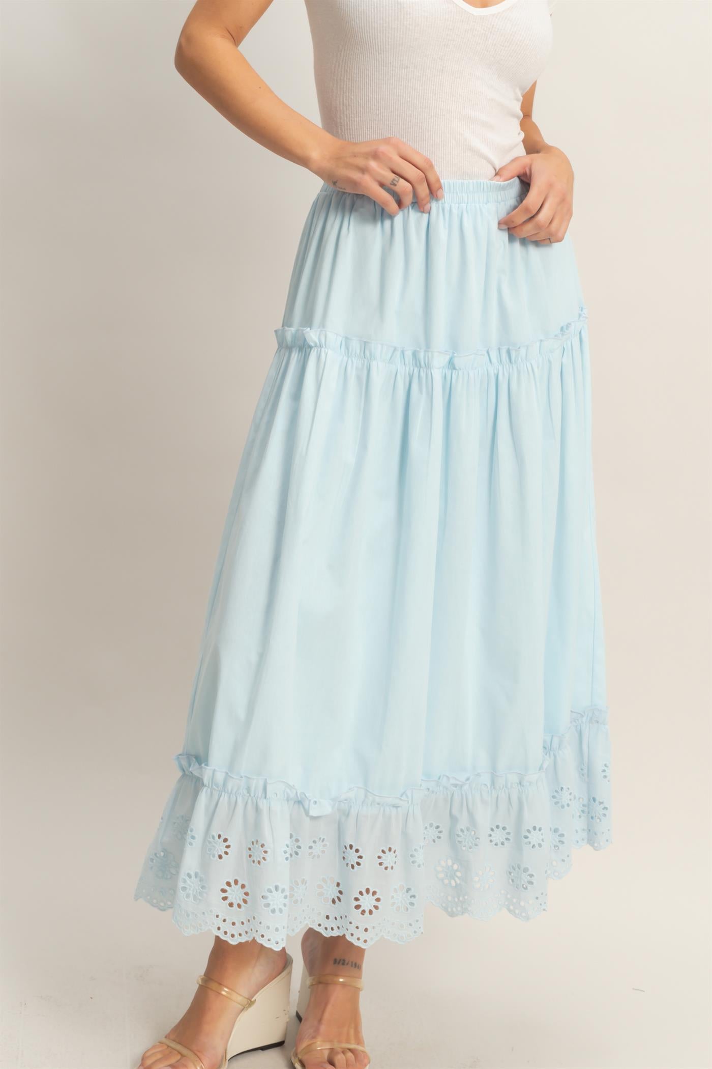 Wholesale Tiered Eyelet Maxi Skirt Skirts HF26C313 LIGHT BLUE HYFVE