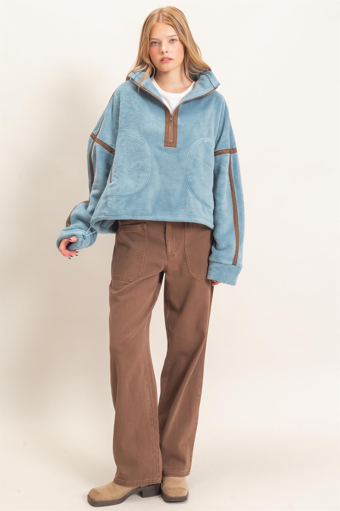 Wholesale Contrast Trim Half-Zip Fleece Pullover Outerwear HF26F206-D D.BLUE HYFVE
