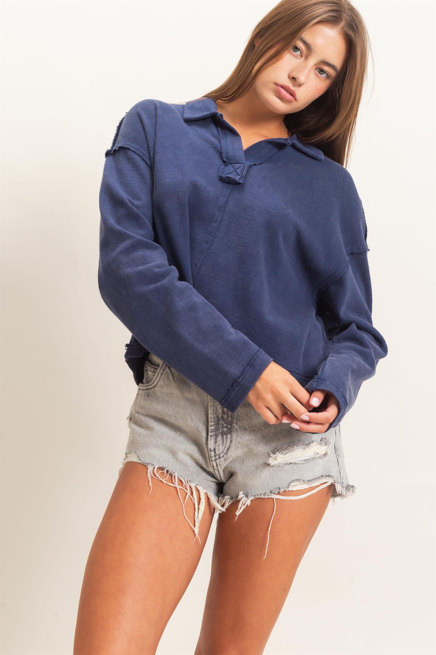 Wholesale Mineral Wash Textured Collar Top Polos DZ26E814 NAVY DOUBLE ZERO