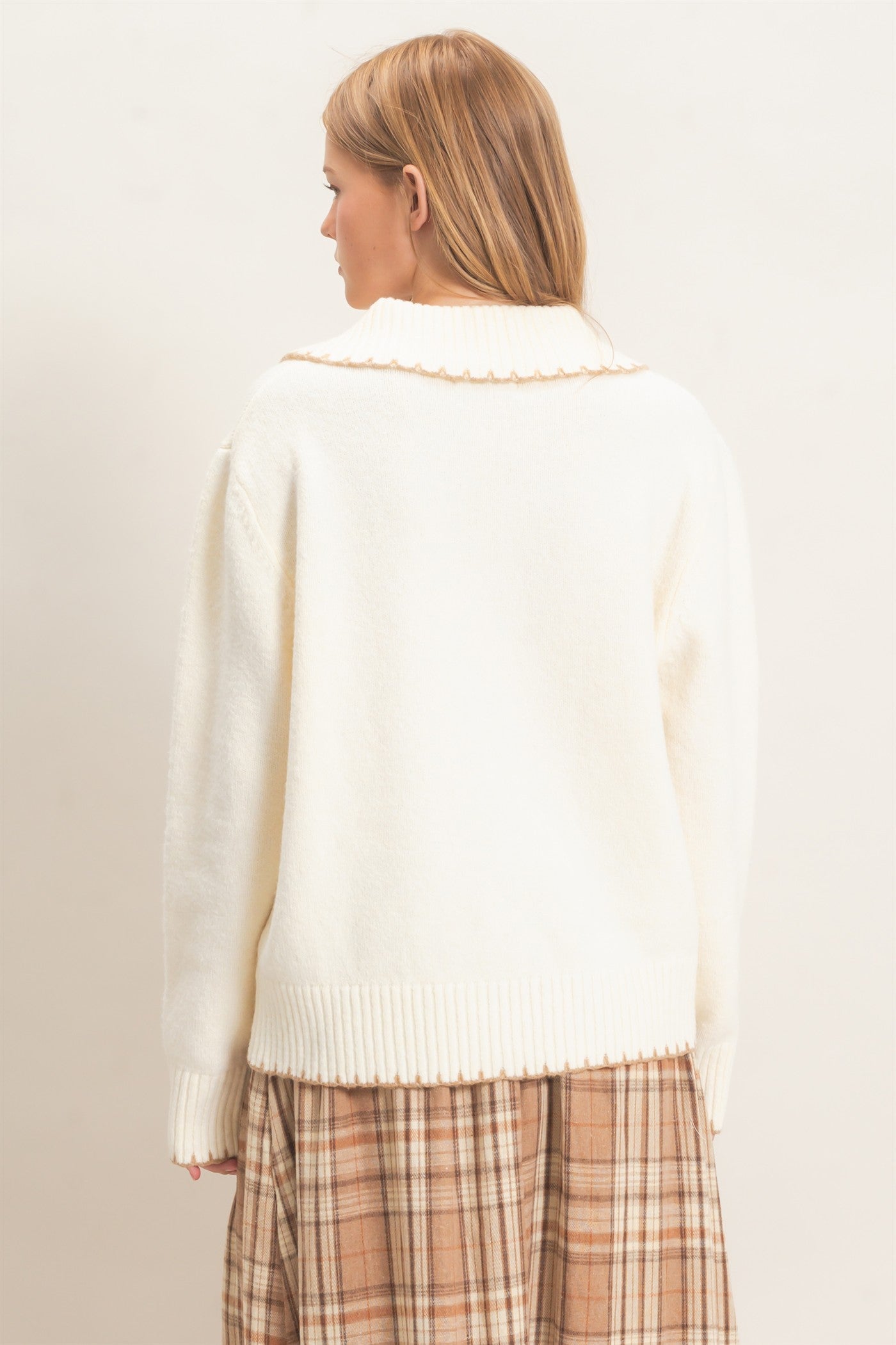Wholesale Blanket Stitch Collared Cardigan Cardigans HF26F356 IVORY HYFVE