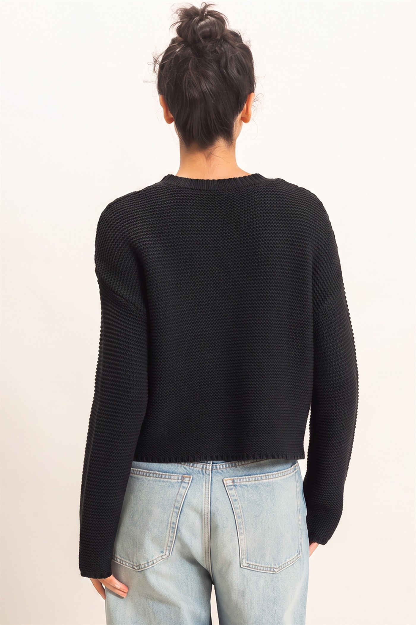 Wholesale Textured Knit Crew Neck Sweater Sweaters DZ26F395 BLACK DOUBLE ZERO