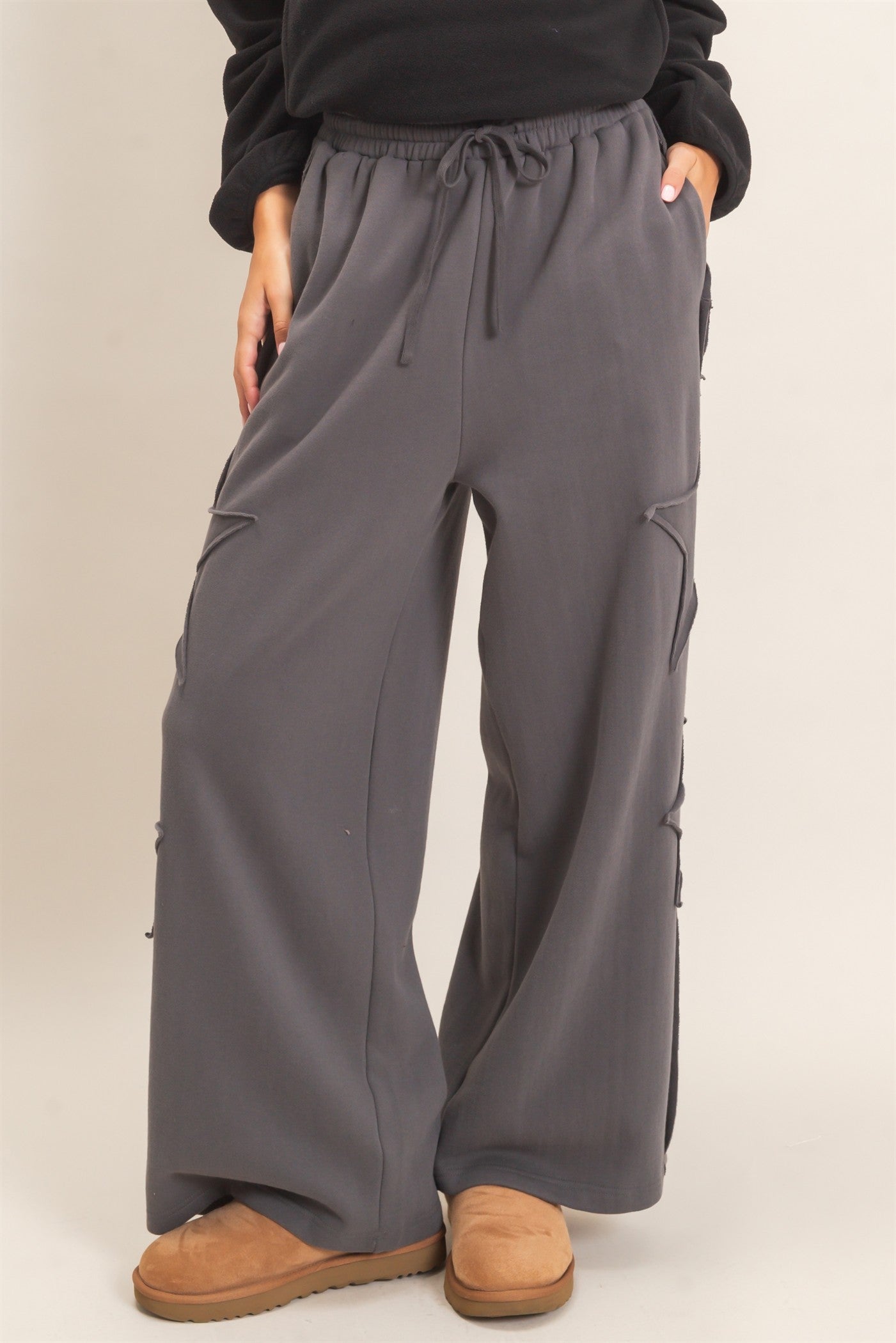 Wholesale French Terry Star Patch Sweatpants Pants DZ27A197 CHARCOAL DOUBLE ZERO