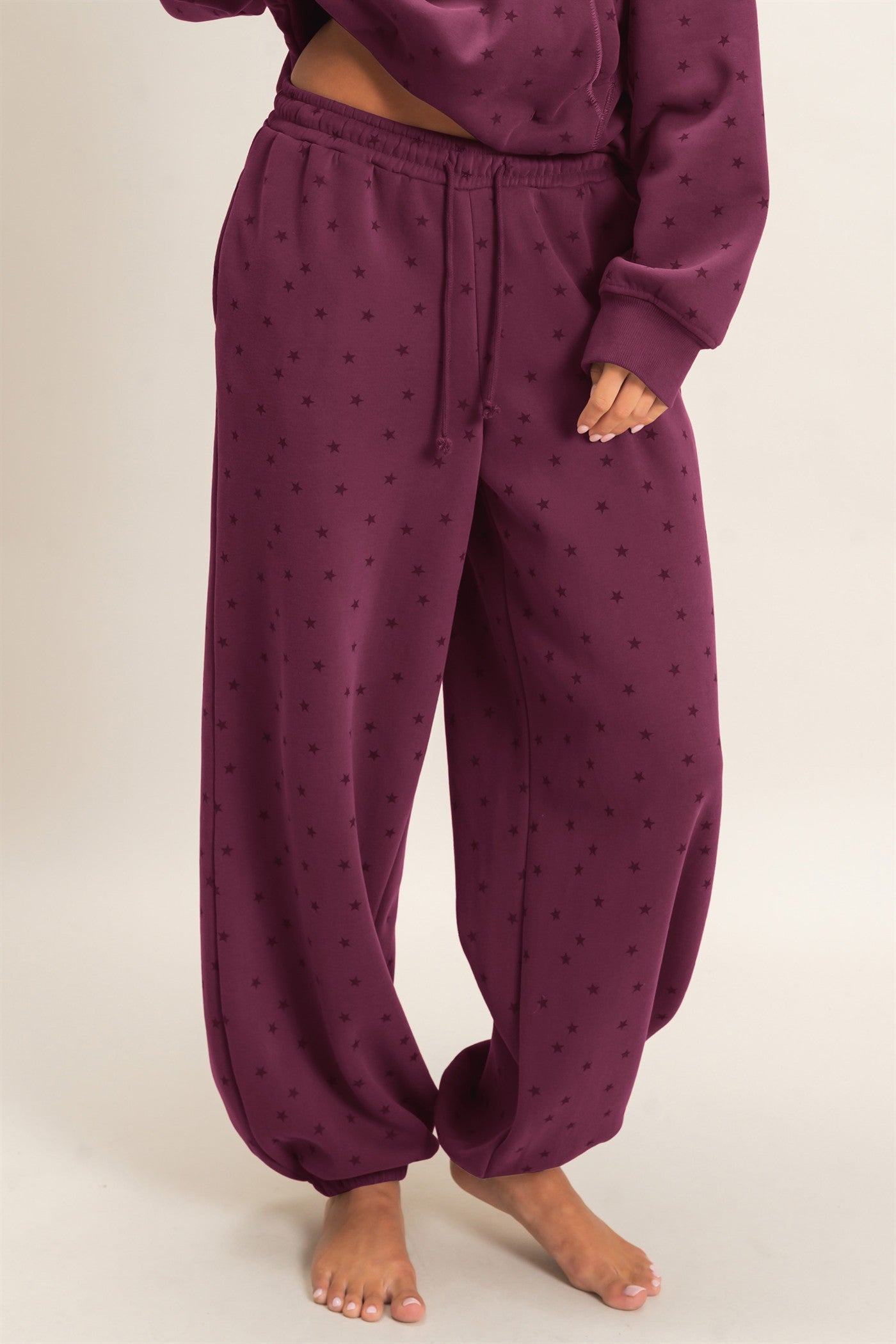Wholesale Star Print Elastic Waist Jogger Pants Joggers DZ26E287 DARK CHERRY DOUBLE ZERO
