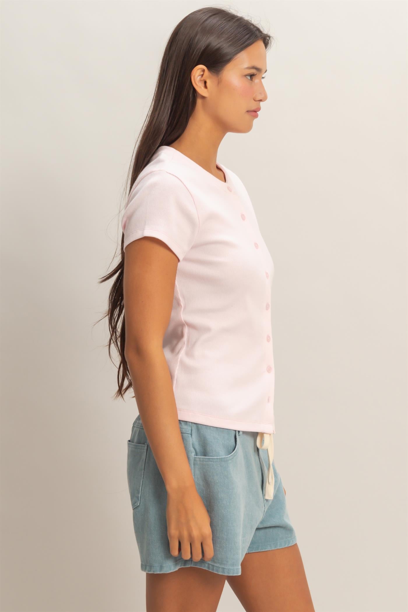Wholesale Ribbed Button-Front Crew Neck Top Clothing Tops DZ26A727 SOFT PINK DOUBLE ZERO