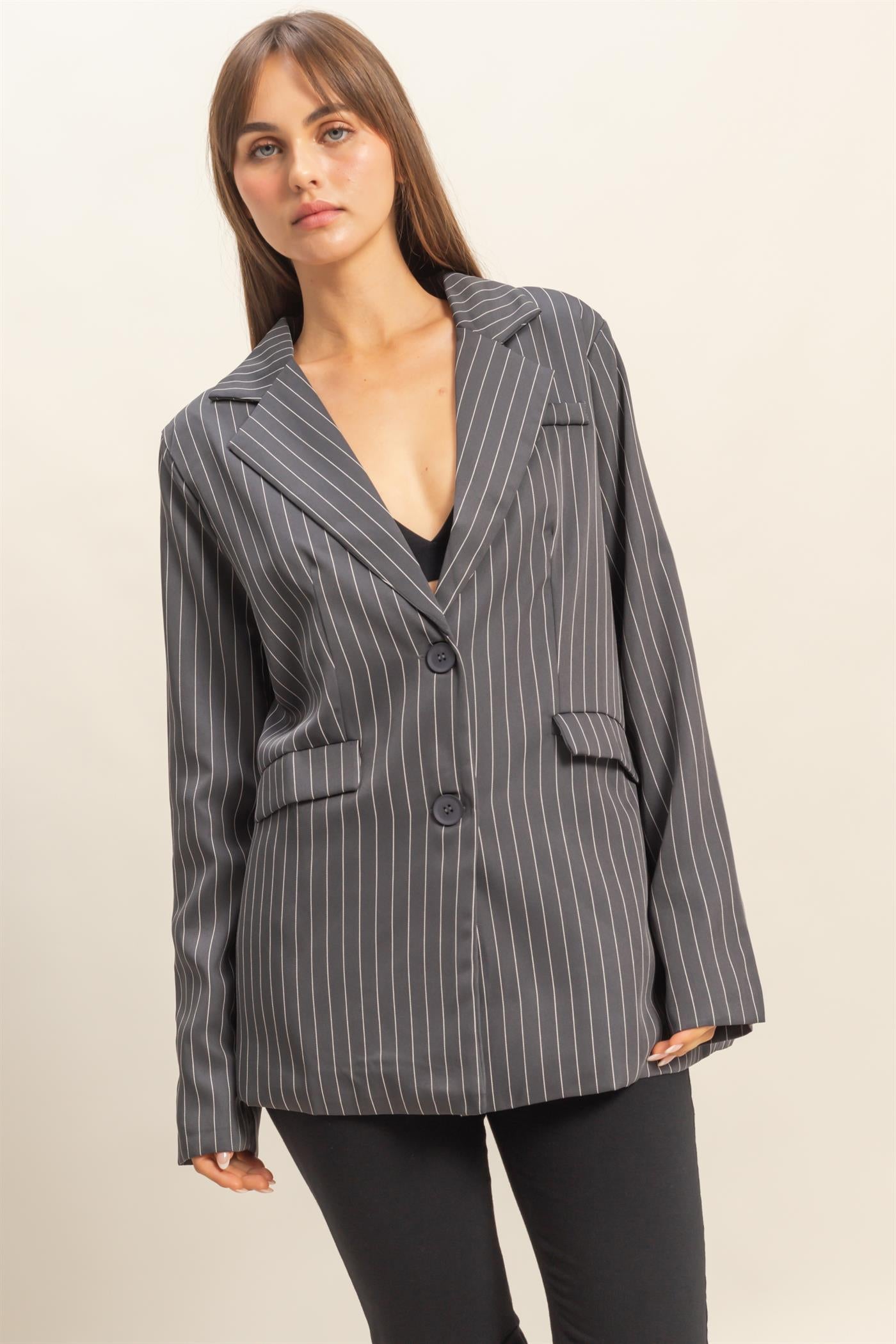 Wholesale Pin Stripe Oversized Blazer Coats & Jackets HF24A247 CHARCOAL HYFVE
