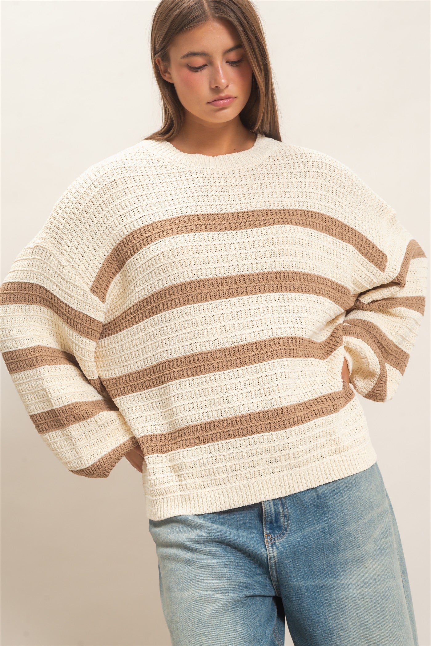 Wholesale Striped Oversized Sweater Sweaters DZ27A192 TAUPE DOUBLE ZERO