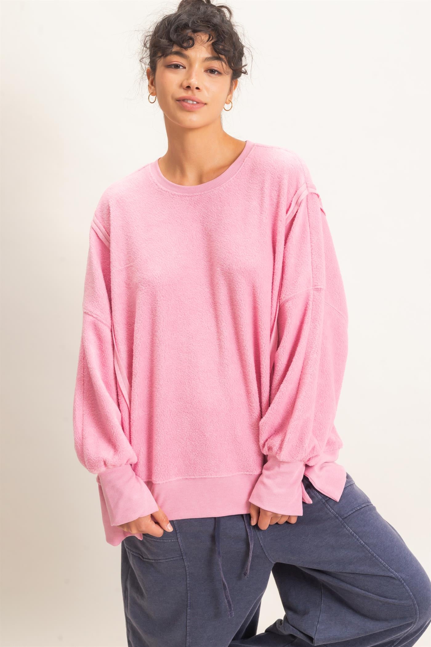 Wholesale Oversized Raw Edge Crew Neck Sweatshirt Sweatshirts DZ26E273 PINK DOUBLE ZERO