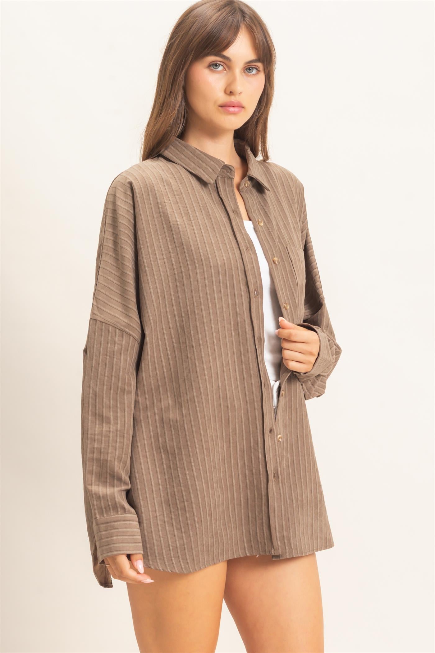 Wholesale Striped Button-Up Shirt Shirts HF26F134 BROWN HYFVE