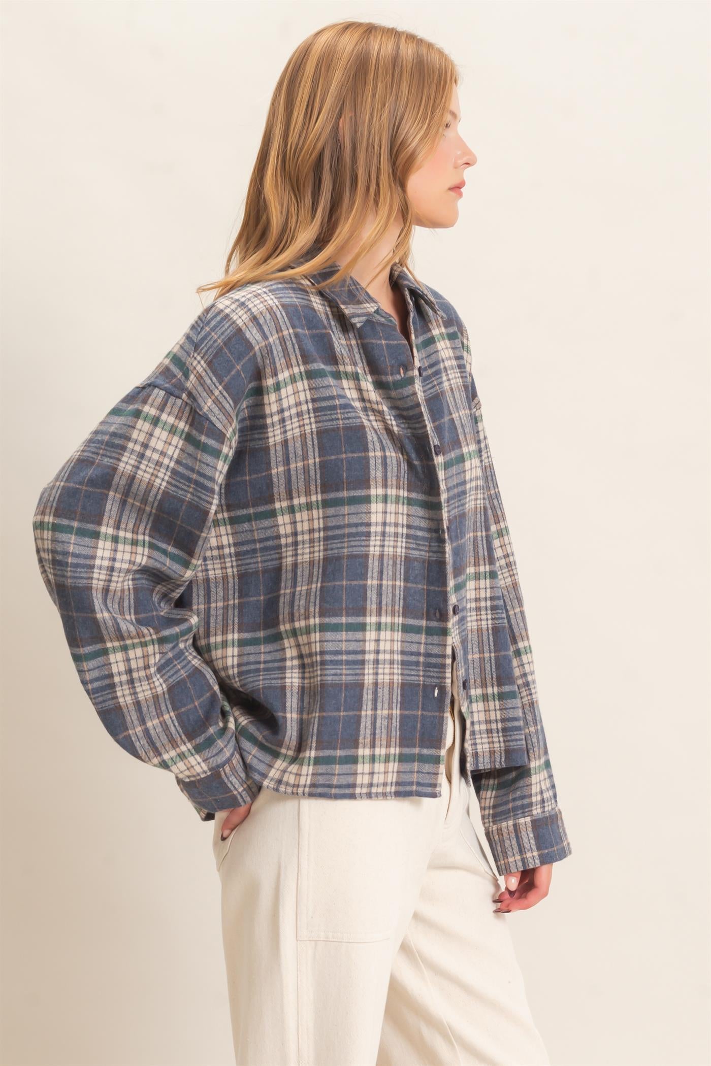 Wholesale Plaid Button-Up Shirt Clothing Tops HF26E467 BLUE HYFVE