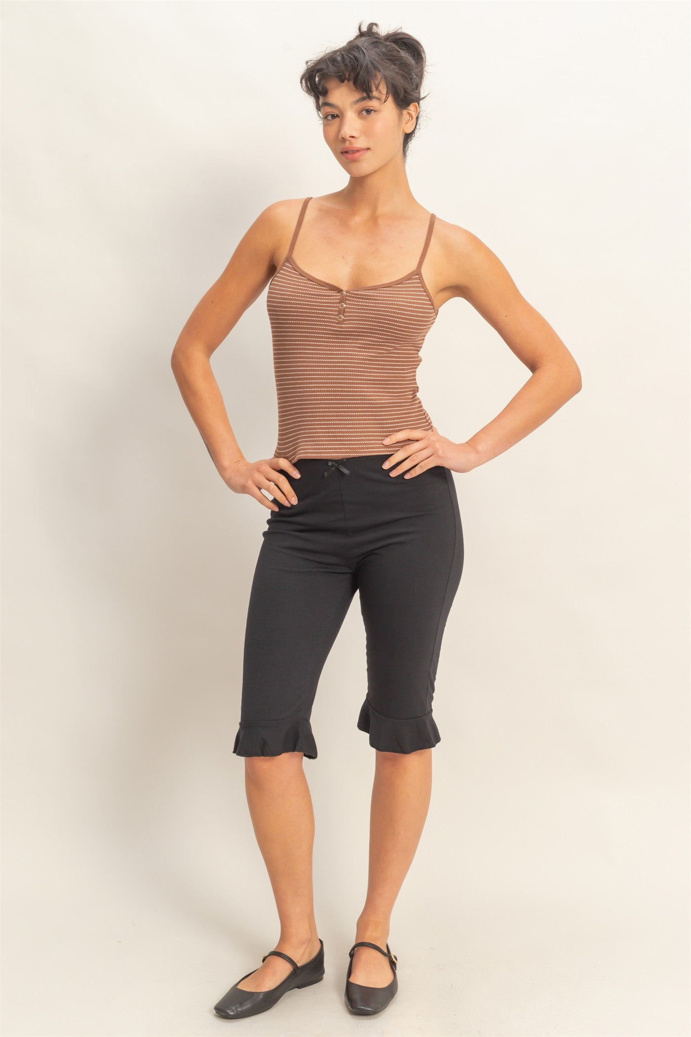 Wholesale Striped Snap-Button Henley Cami Top Camisoles DZ26A885 BROWN DOUBLE ZERO