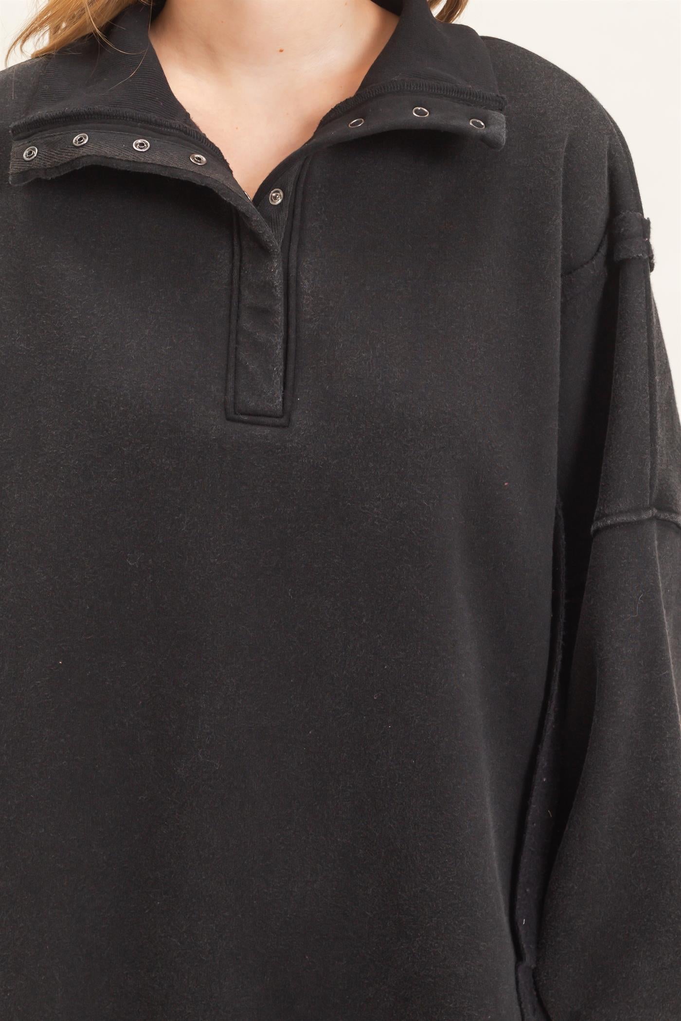 Wholesale Mineral Wash Snap Collar Pullover Clothing Tops HF26F086-D BLACK HYFVE