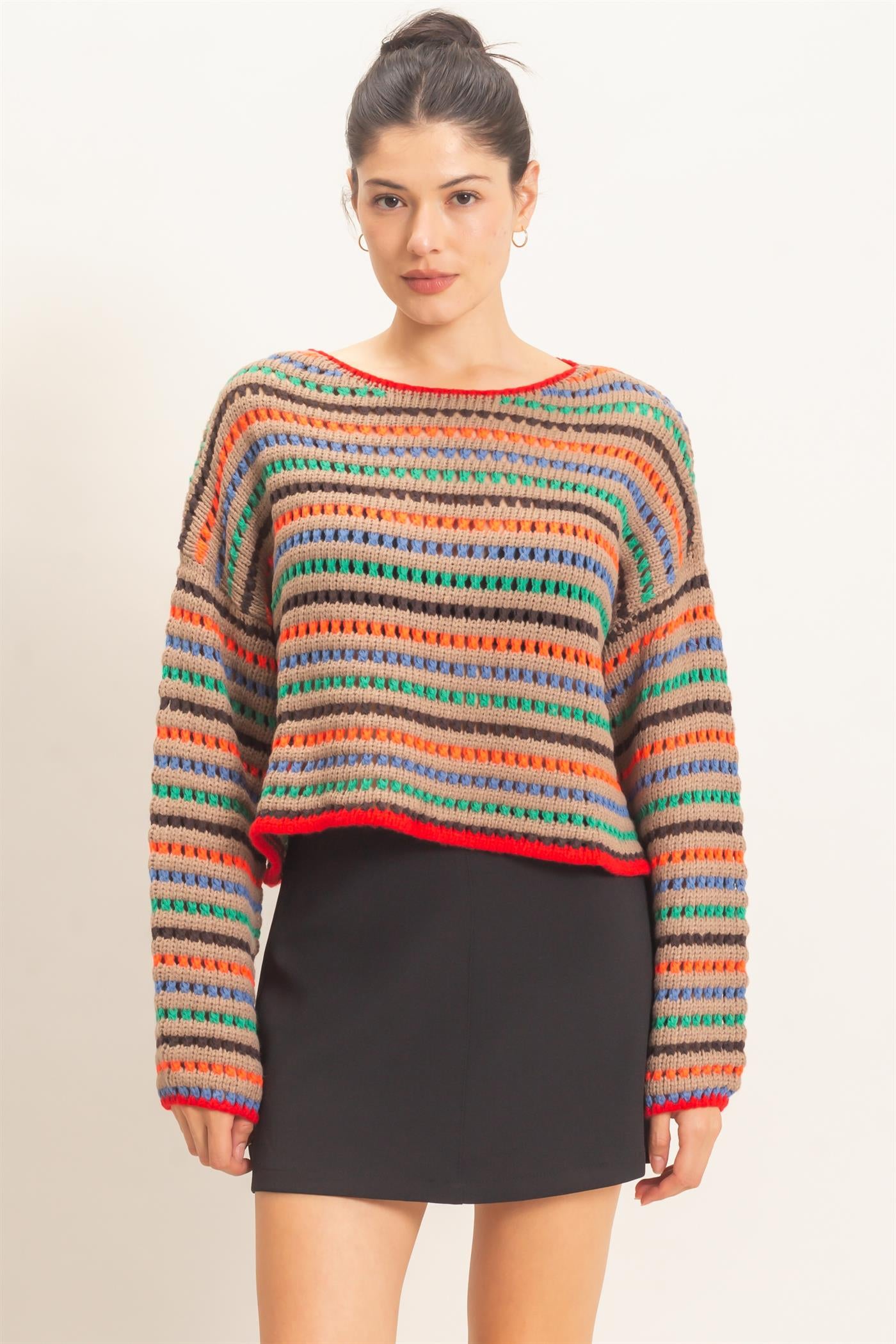 Wholesale Striped Knit Sweater Sweaters HF26F189 MOCHA HYFVE