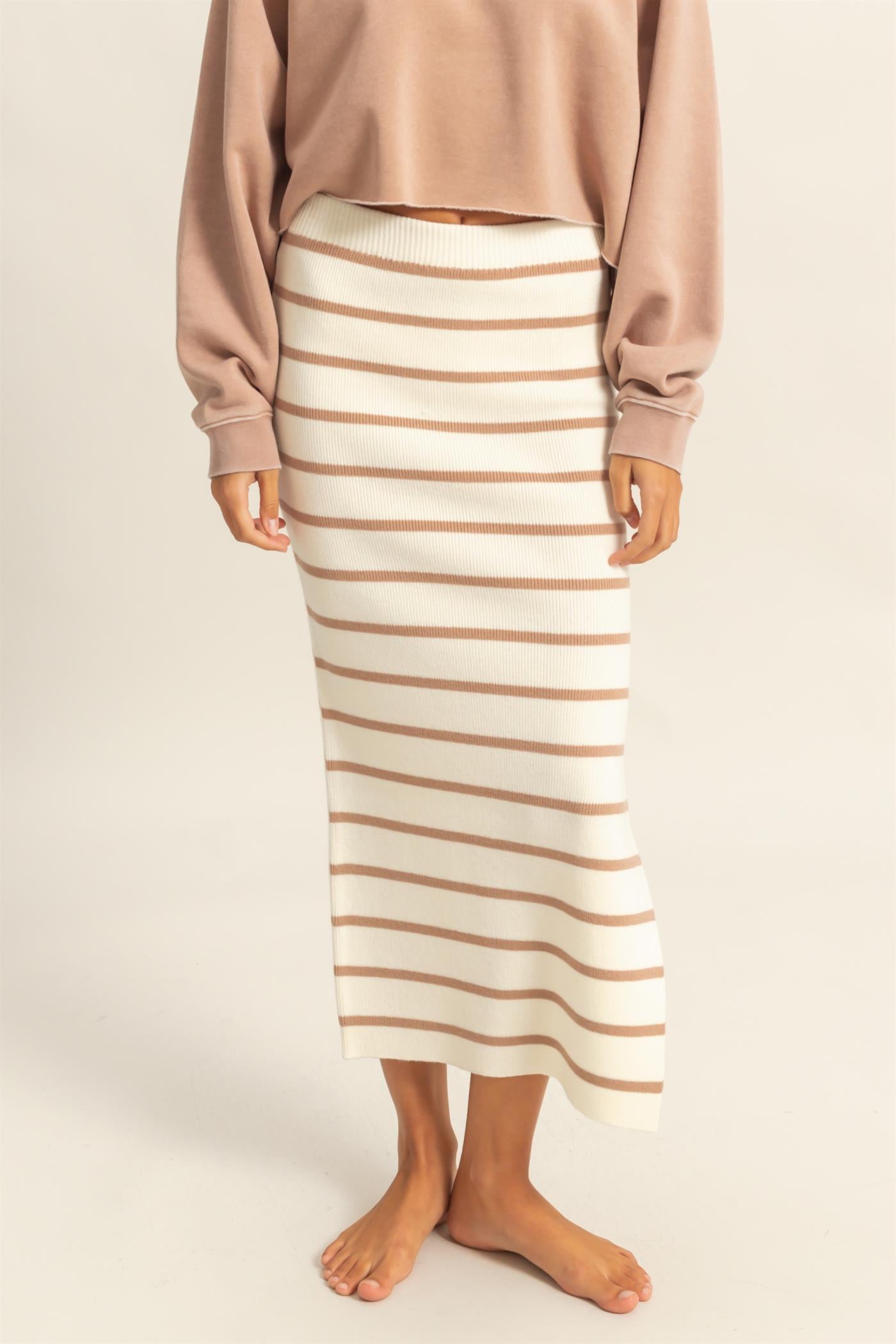 Wholesale Striped High Waist Bodycon Sweater Skirt Skirts DZ25A637 TAUPE/CREAM DOUBLE ZERO