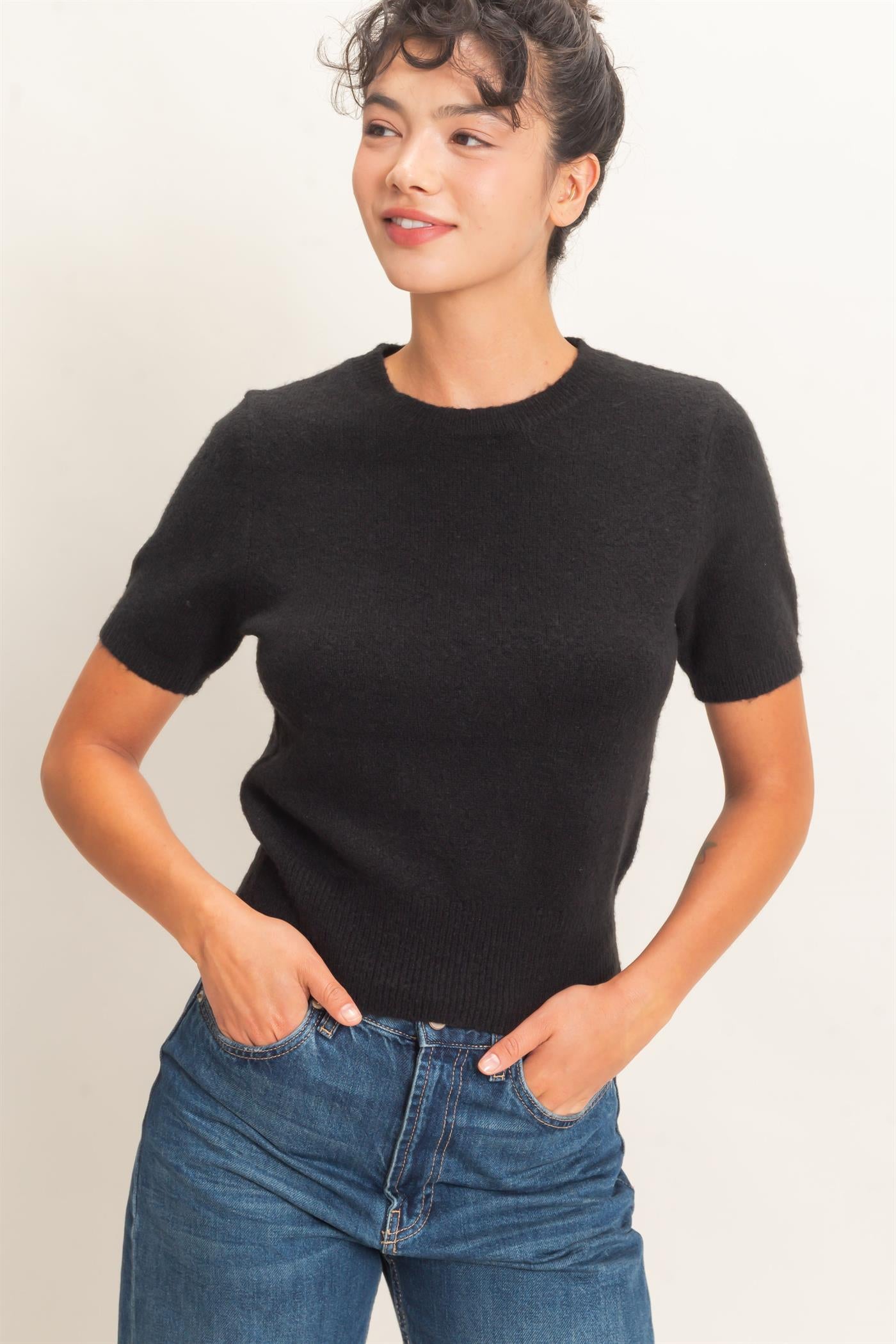 Wholesale Crew Neck Short Sleeve Knit Top Clothing Tops DZ26E944 BLACK DOUBLE ZERO