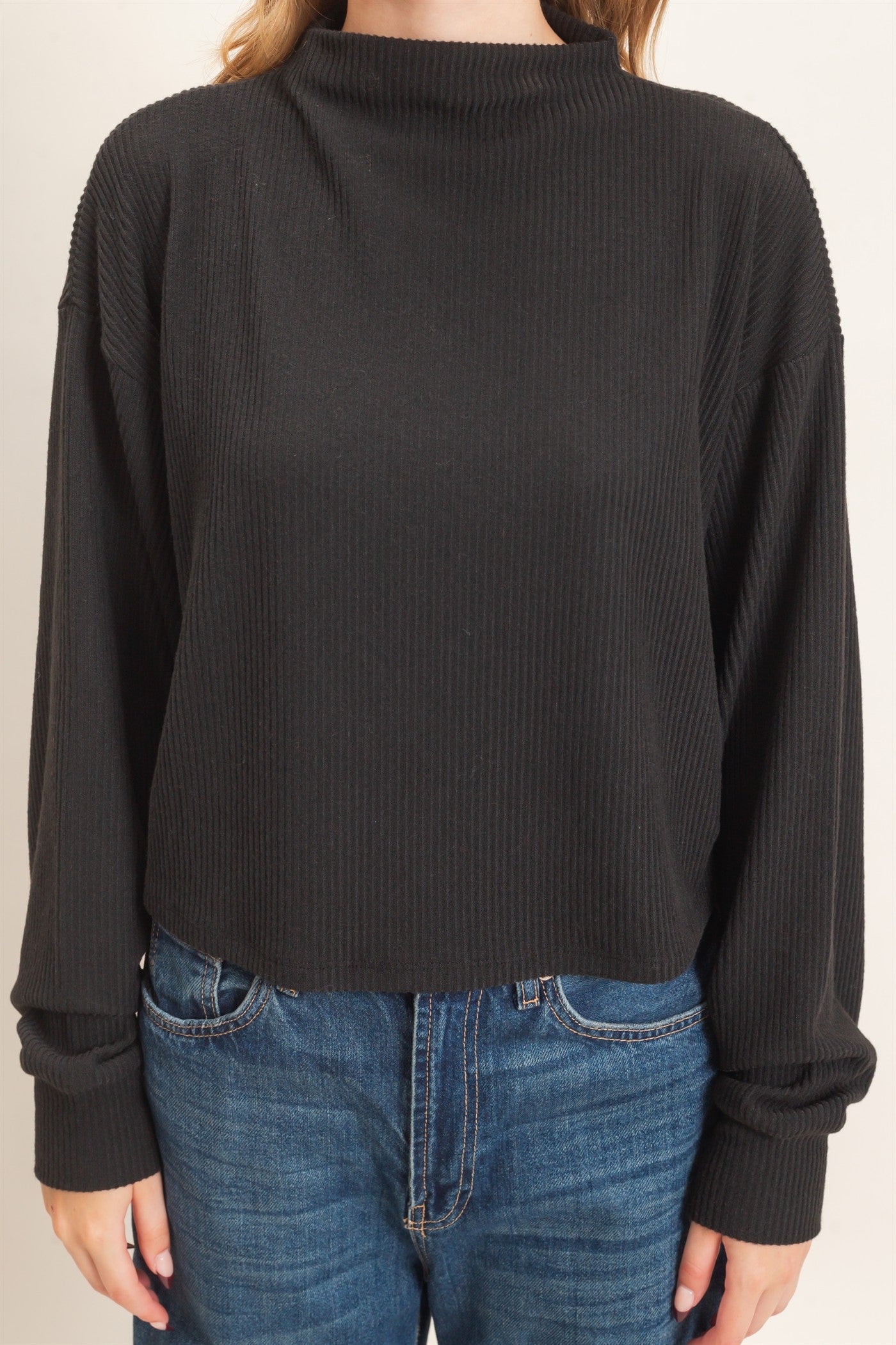 Wholesale Ribbed Mock Neck Top Clothing Tops HF26F030 BLACK HYFVE