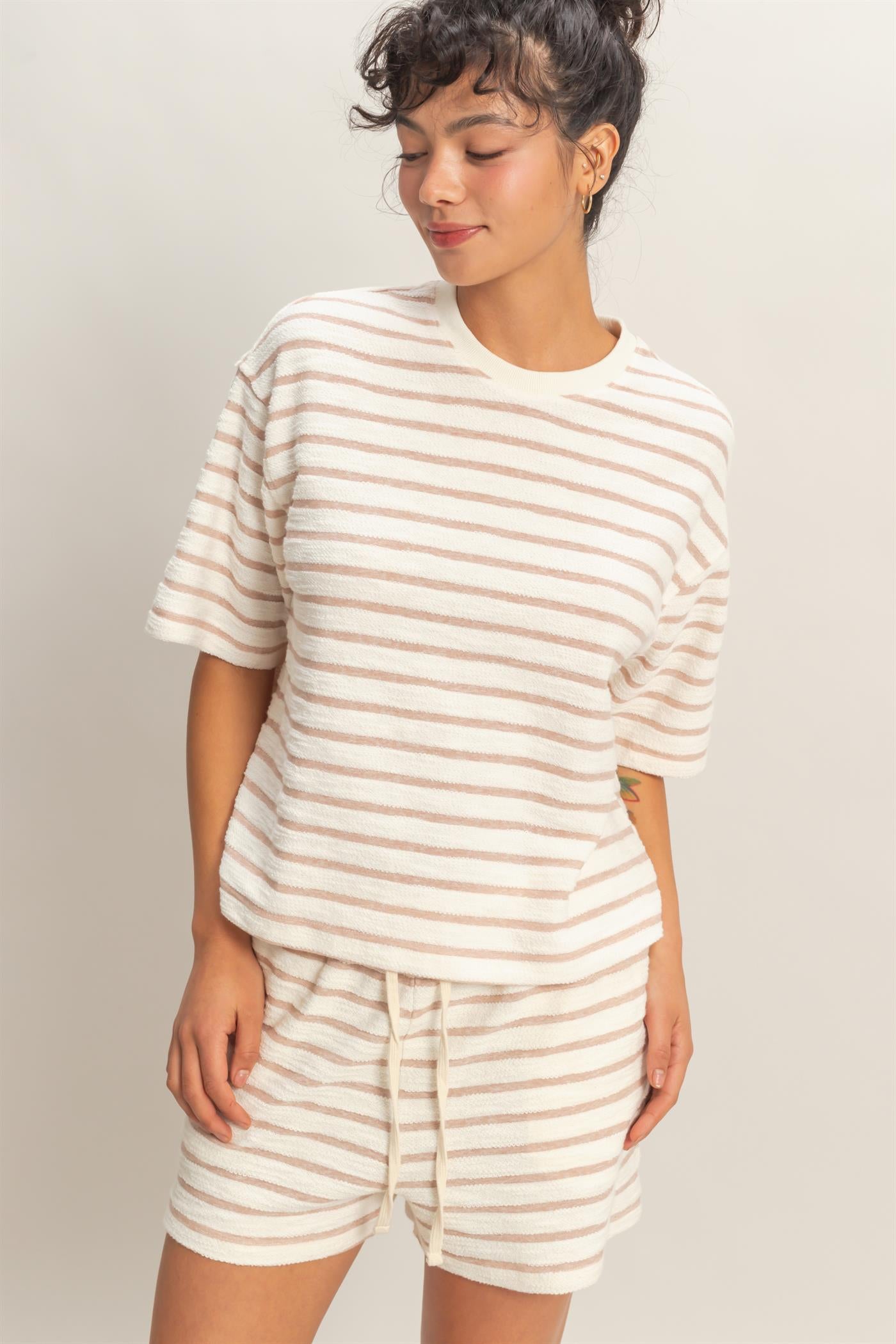 Wholesale Striped Short Sleeve Terry Crew Neck Top Clothing Tops DZ26A887 TAUPE DOUBLE ZERO