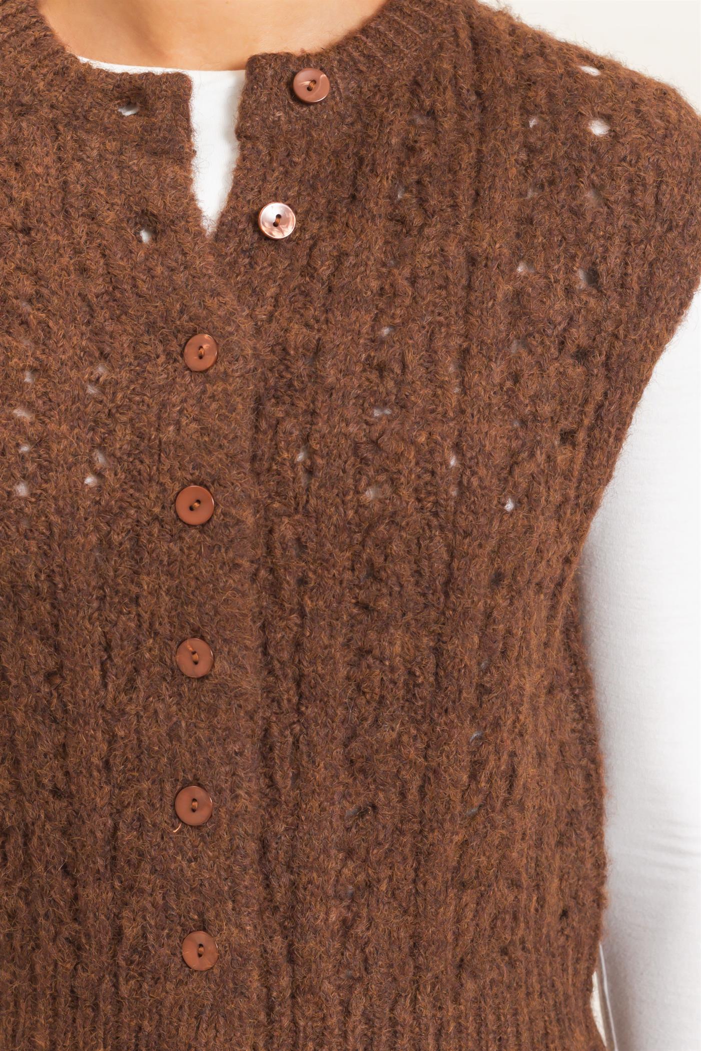 Wholesale Open Knit Sleeveless Button Front Sweater Vest Sweaters DZ26A829 BROWN DOUBLE ZERO