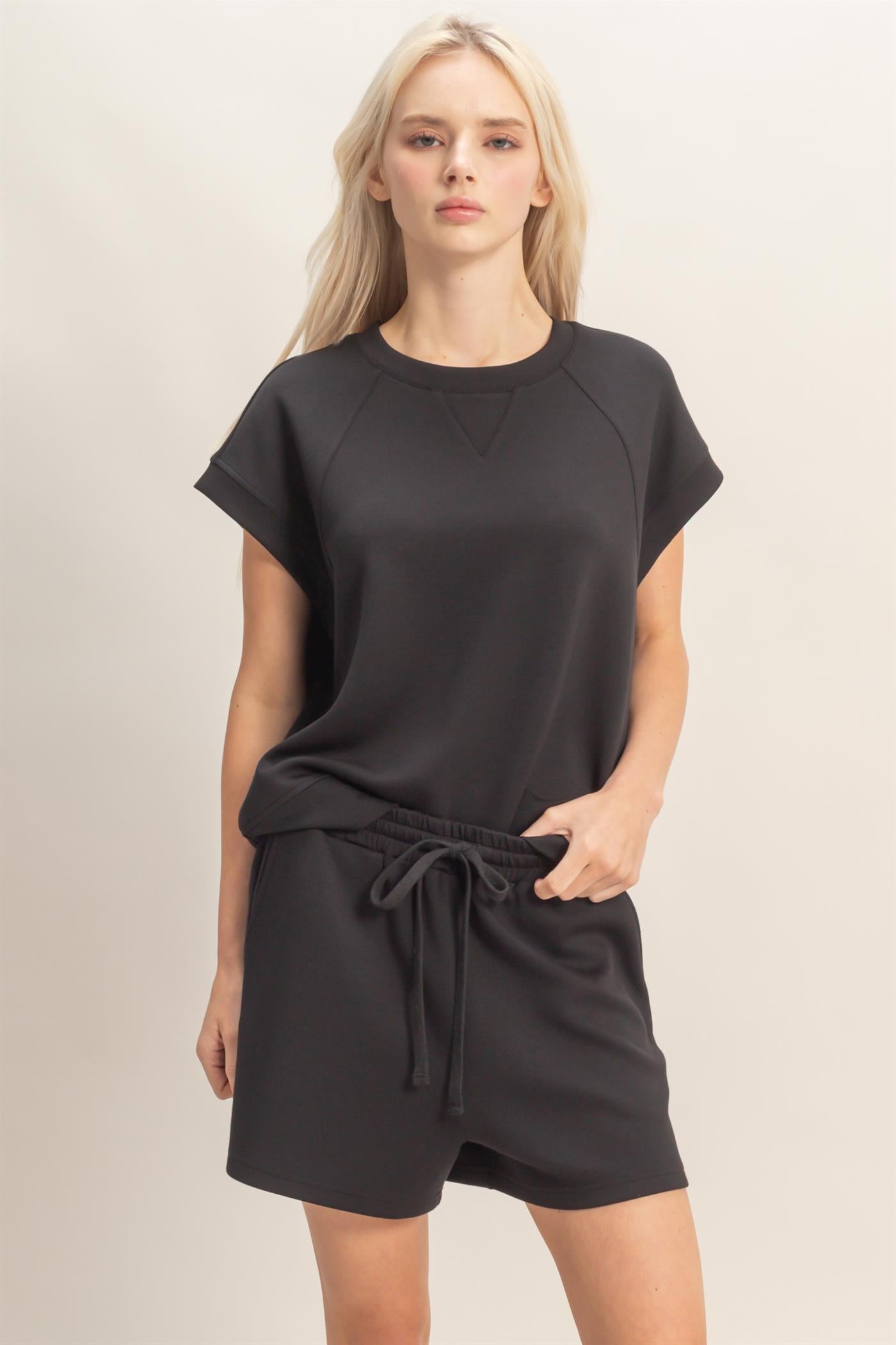 Wholesale Crew Neck Sleeveless Top And Shorts Set Clothing DZ26C575-SET BLACK DOUBLE ZERO