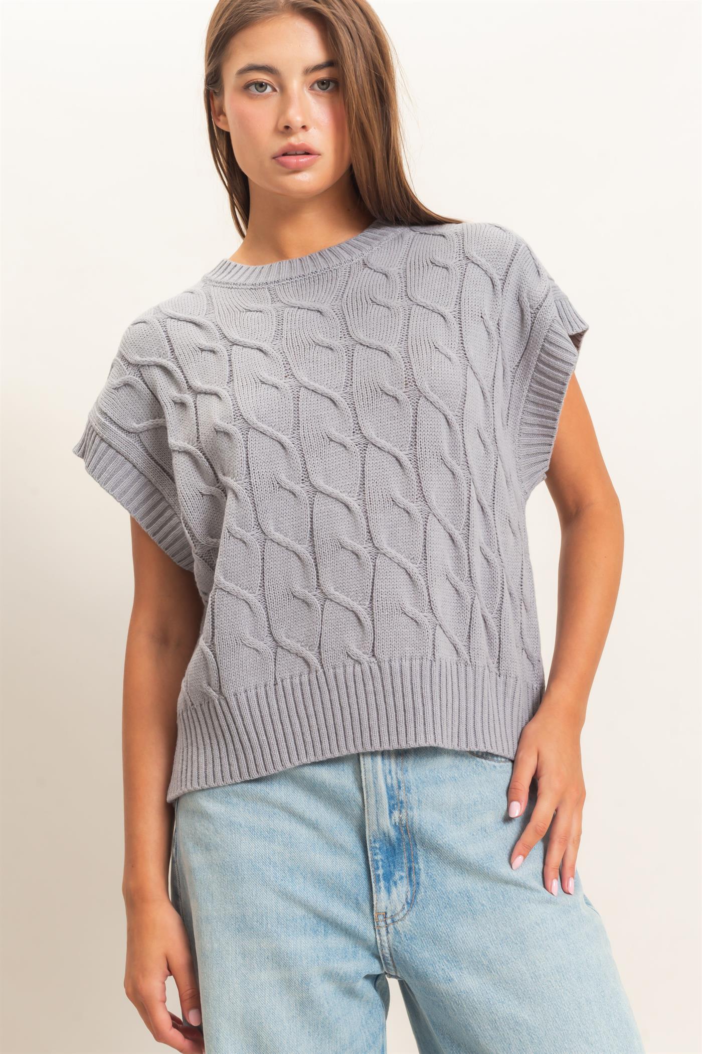 Wholesale Cable Knit Cap Sleeve Sweater Sweaters DZ26C974 GRAY DOUBLE ZERO
