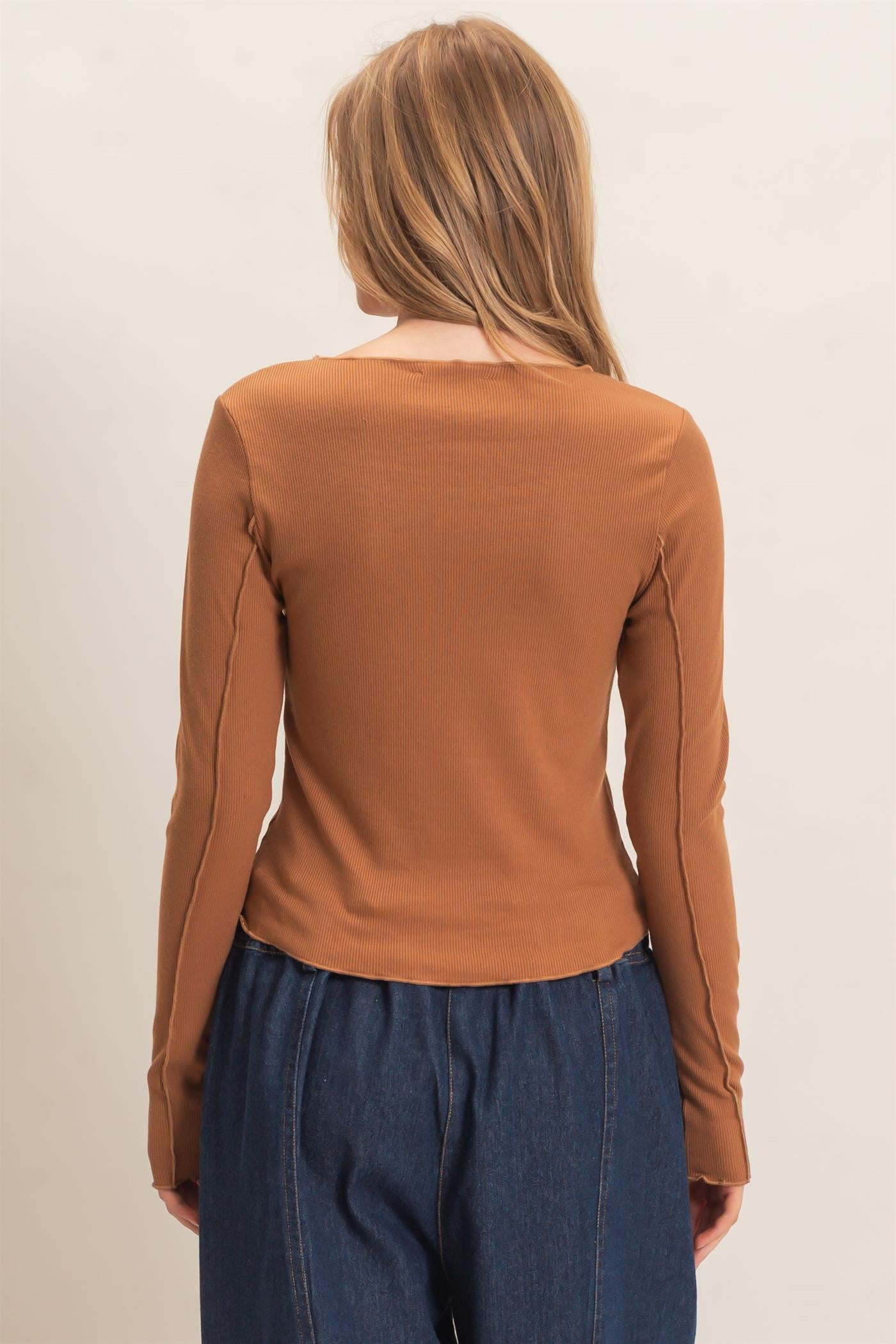 Wholesale Ruffled Ribbed Long Sleeve Top Clothing Tops HF26F085 BROWN HYFVE