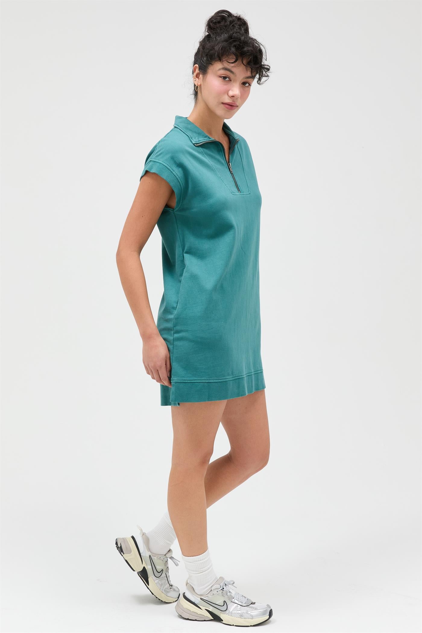 Wholesale Half Zip Up Mock Neck Mini Dress Dresses DZ26A030 DARK TEAL DOUBLE ZERO