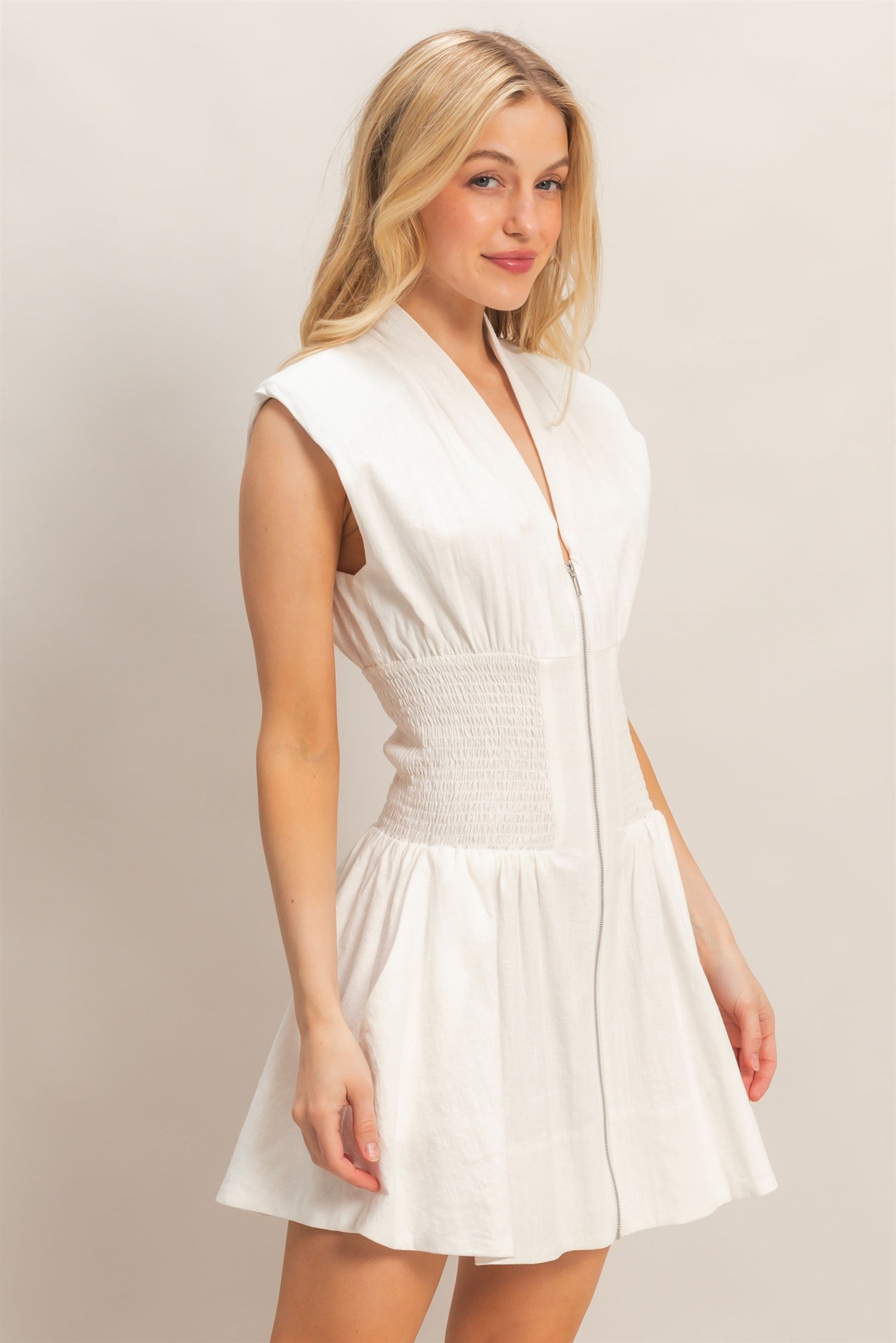 Wholesale Zip Front Shirred Waist Dress Dresses HF26A112 OFF WHITE HYFVE