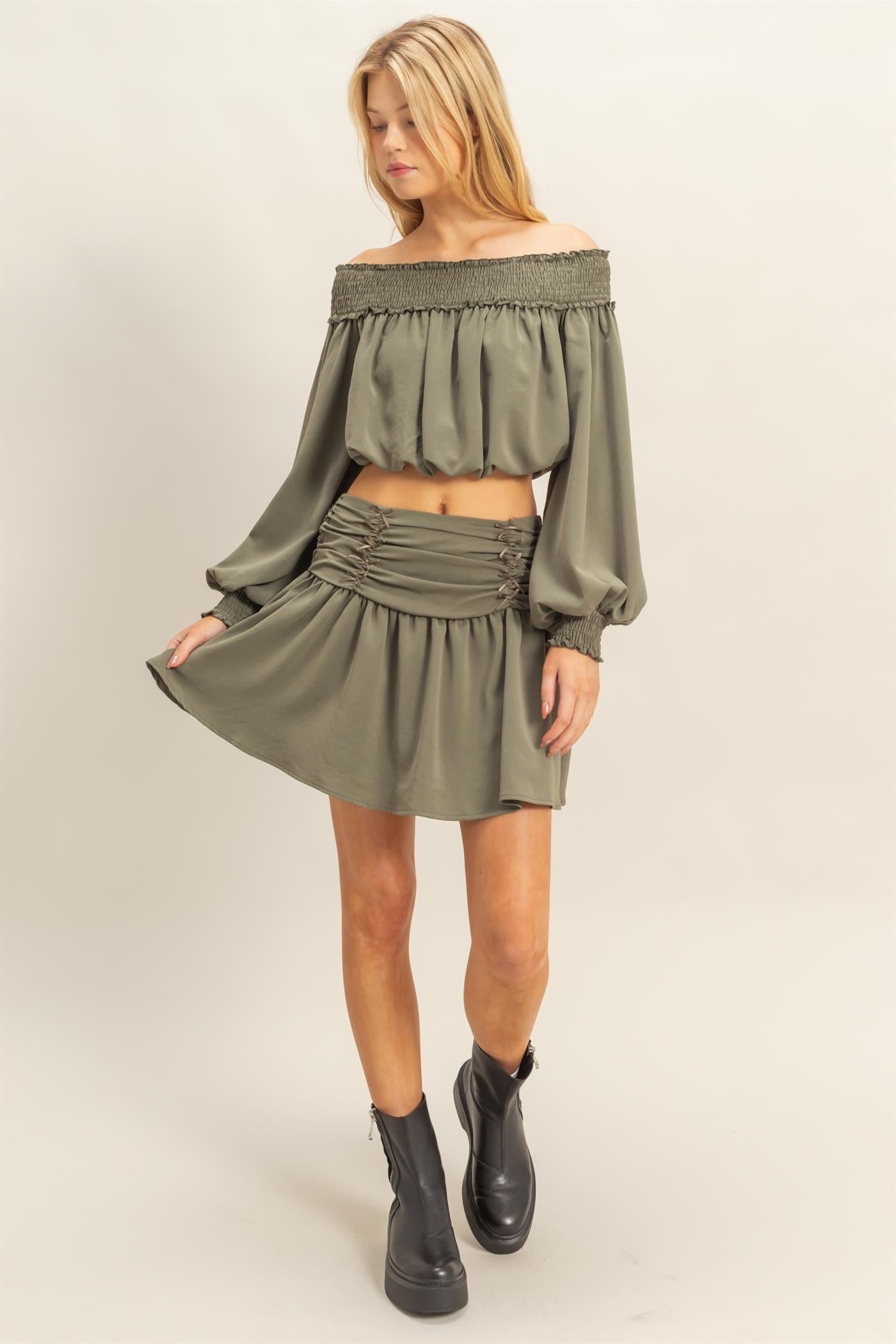 Wholesale Romantic Off Shoulder Top And Gathered Skirt Set Clothing HF25A243-SET OLIVE HYFVE