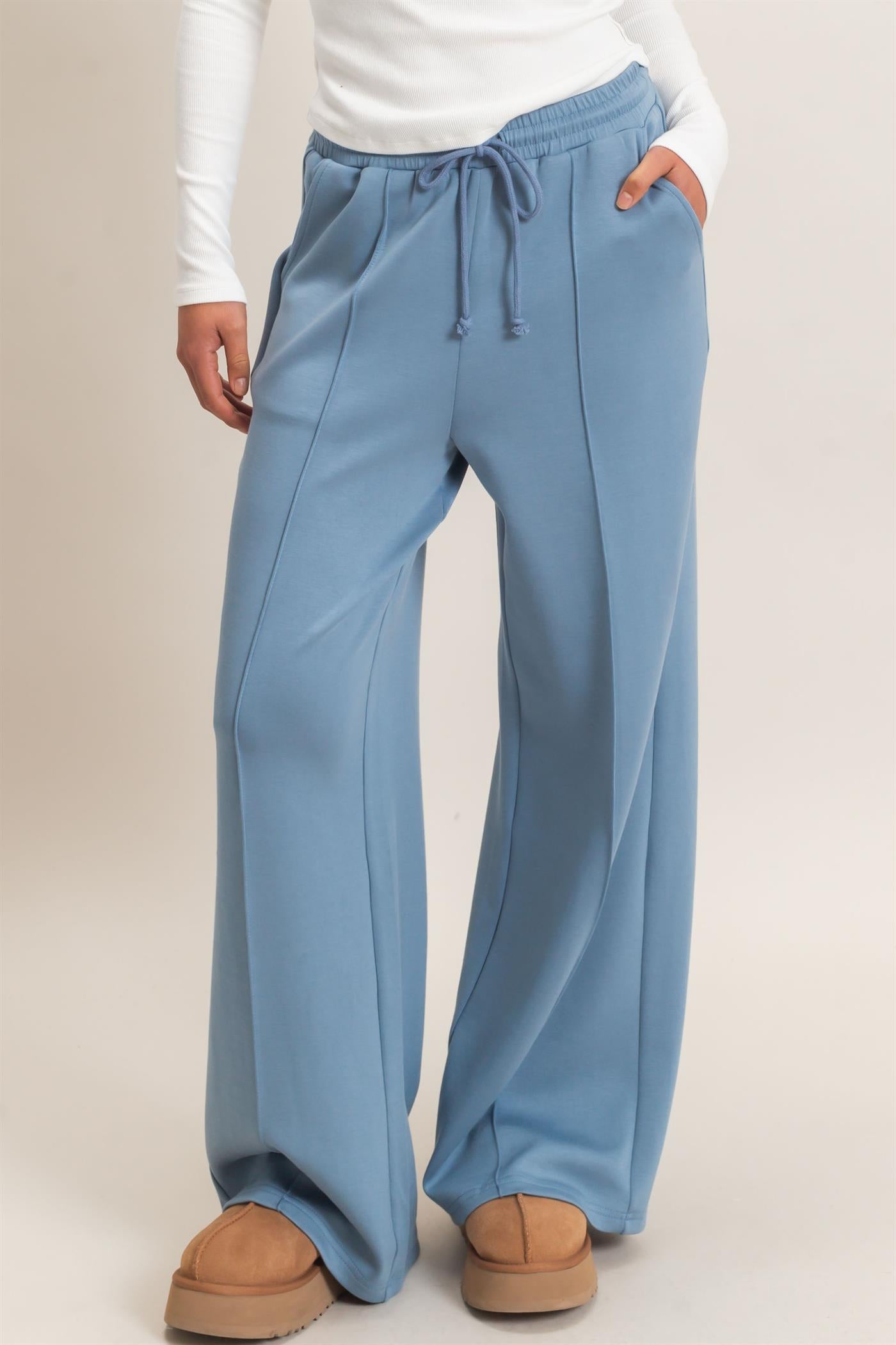 Wholesale Drawstring Waist Pintuck Wide Leg Pants Pants DZ26E384 DUSTY BLUE HYFVE