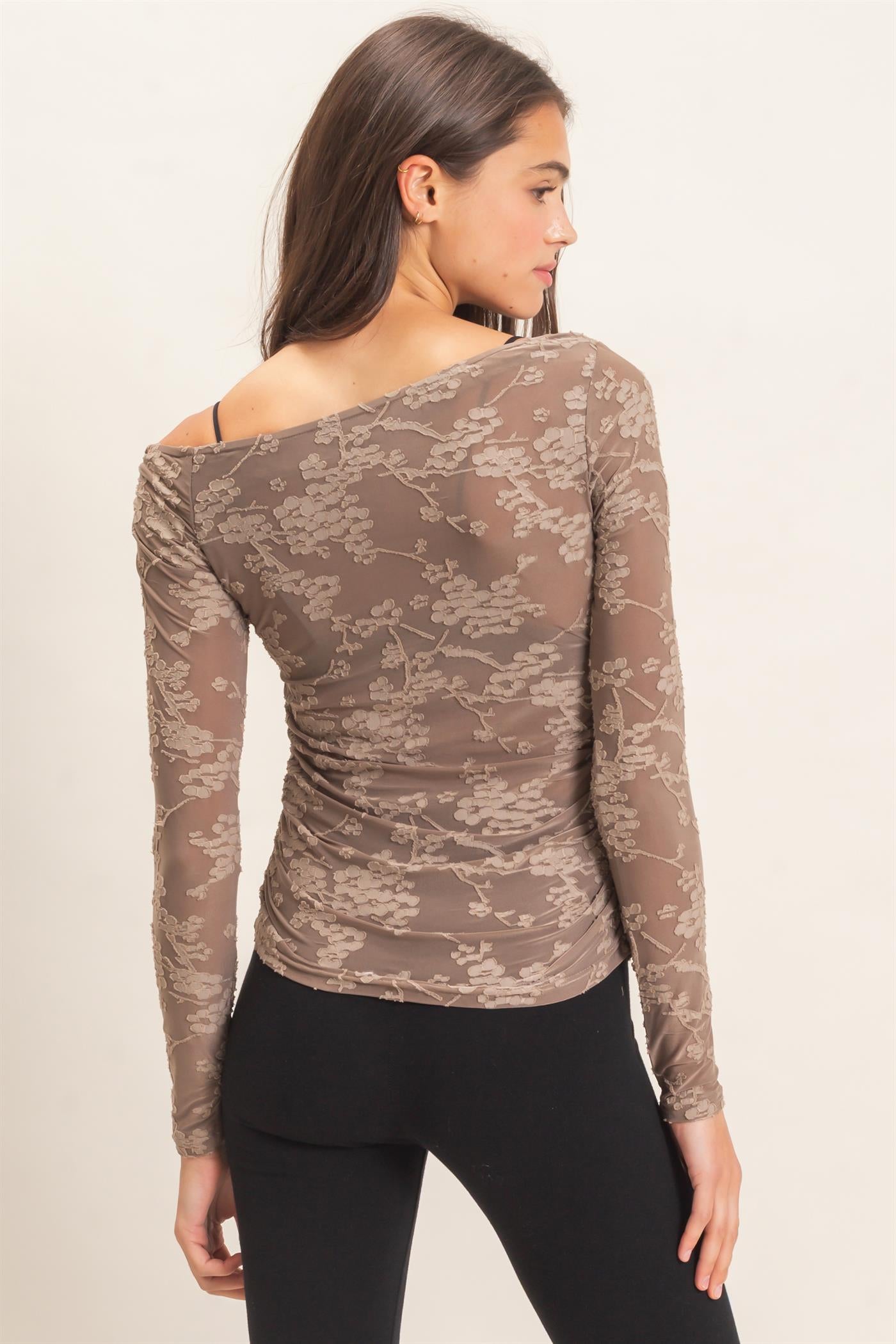 Wholesale Textured Mesh Off-Shoulder Top Blouses HF26F043 GRAY HYFVE