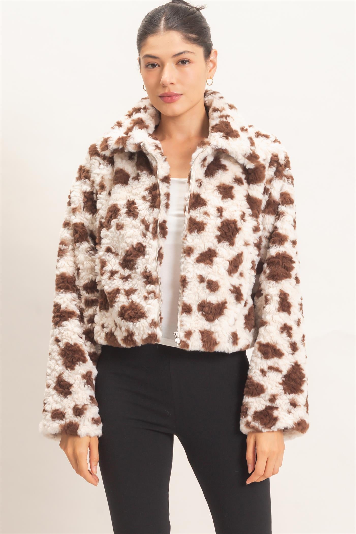 Wholesale Cow Print Faux Fur Zip-Up Jacket Coats & Jackets HF26F056 BROWN HYFVE
