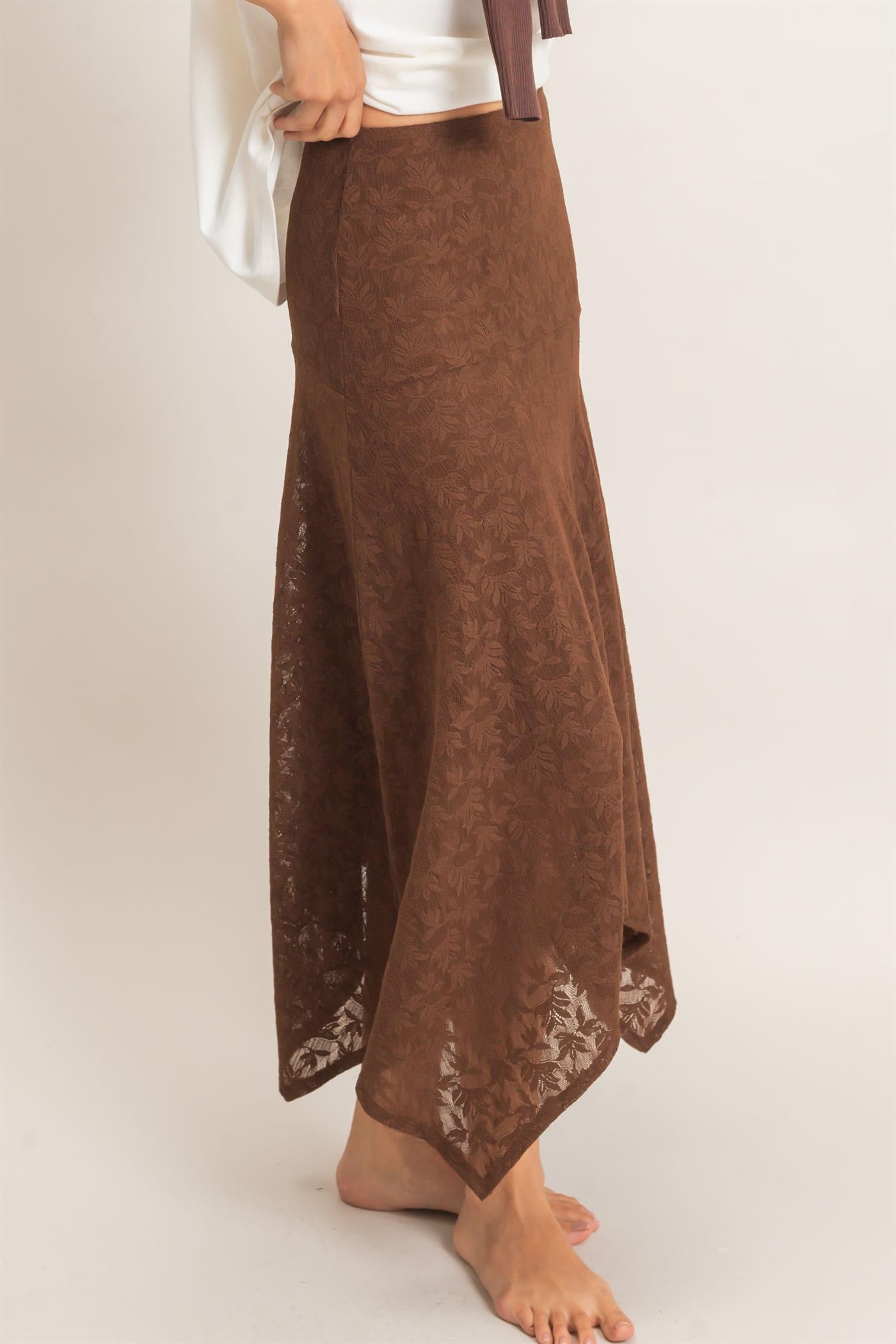 Wholesale Floral Lace Hanky Hem Skirt Skirts HF26E371 BROWN HYFVE