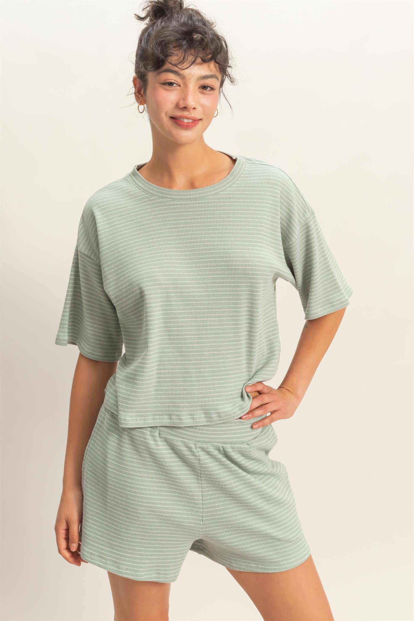 Wholesale Striped Round Neck Top & Shorts Set Clothing DZ26A045-SET SAGE GREEN DOUBLE ZERO