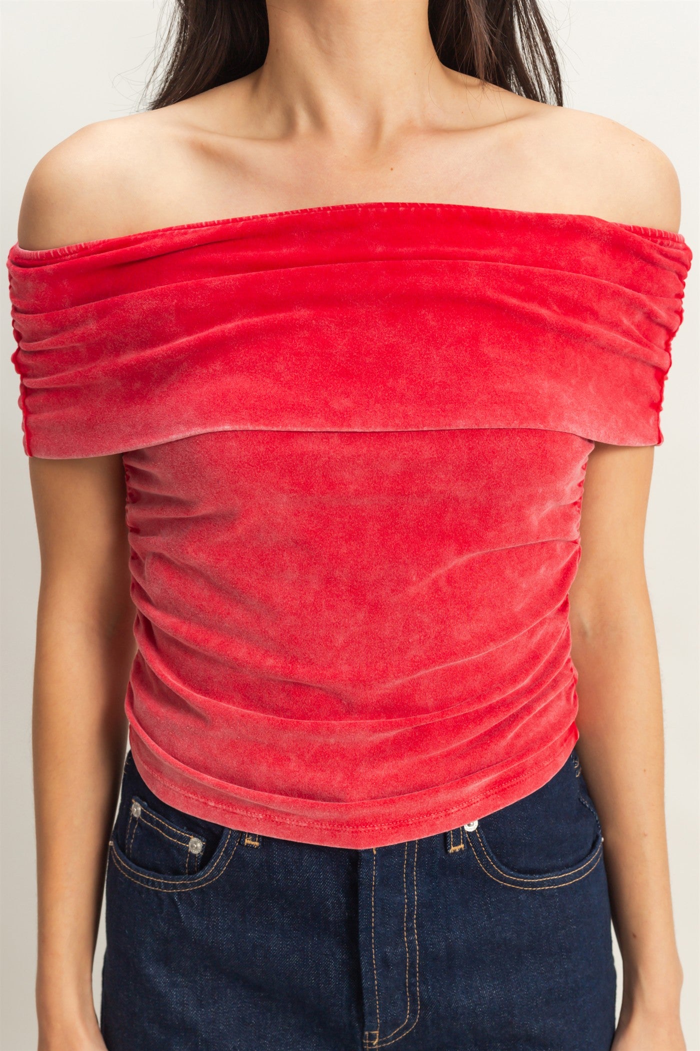 Wholesale Off-The-Shoulder Side Ruched Top Clothing Tops DZ25C848 RED DOUBLE ZERO