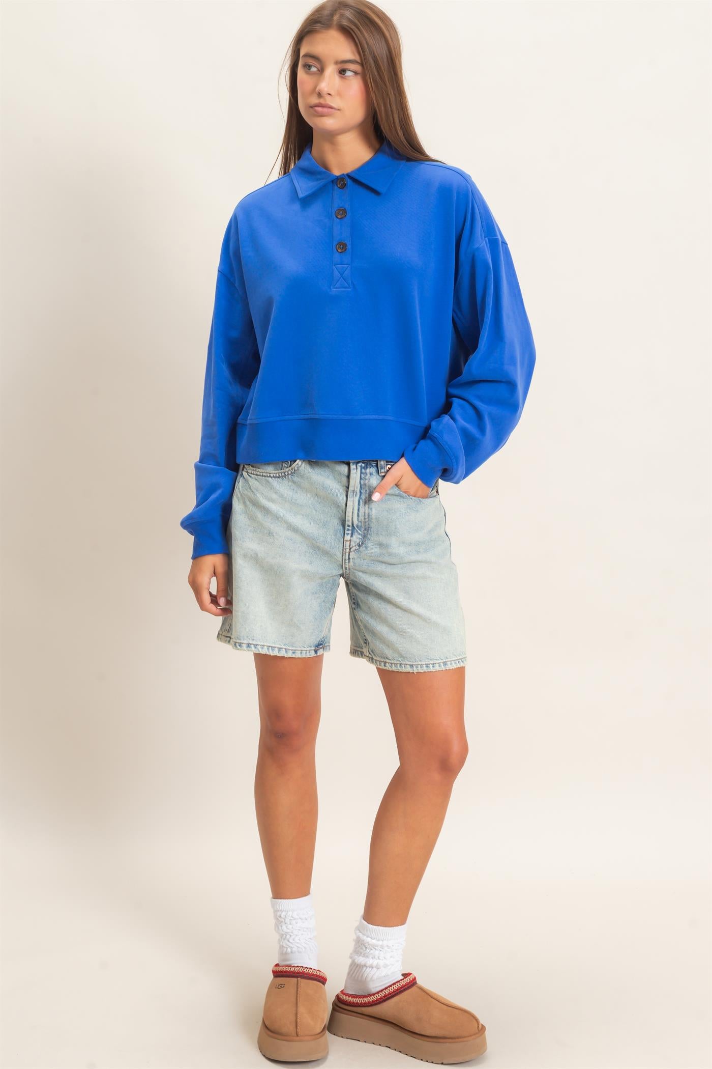 Wholesale Washed Button-Front Collared Sweatshirt Sweatshirts DZ26E390 COBALT DOUBLE ZERO